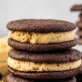 stacked oreos with peanut butter filling with words on the image.