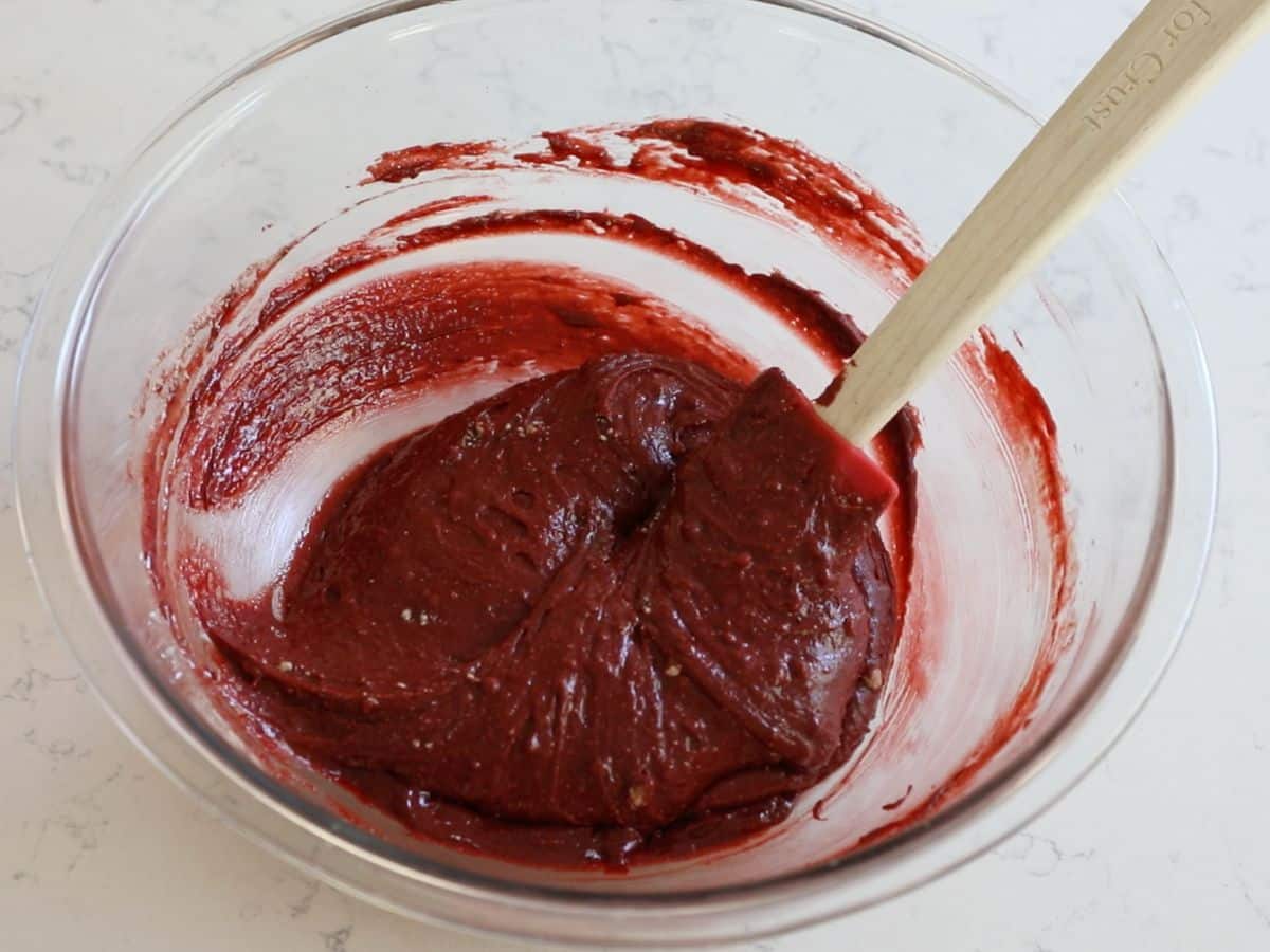 red velvet cookie batter in bowl.