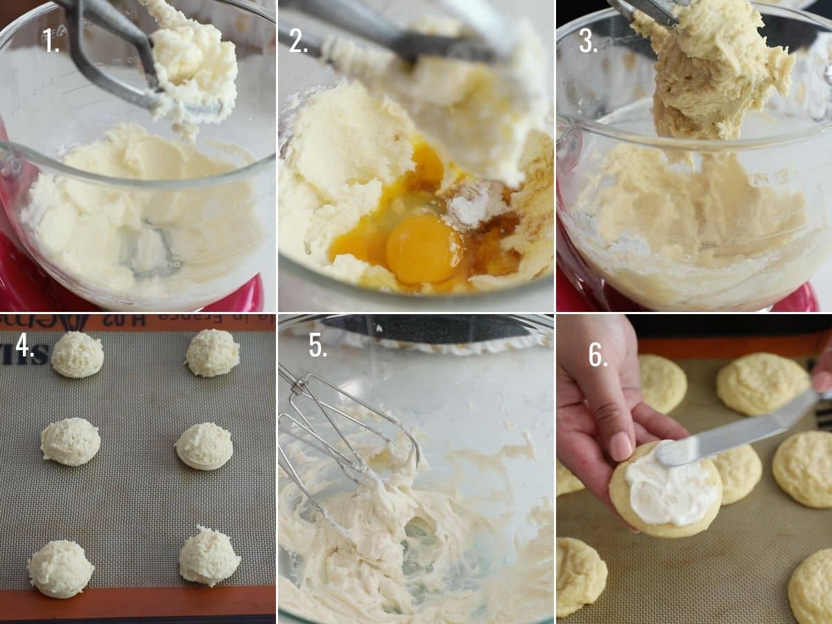 6 photos showing how to make sugar cookies.
