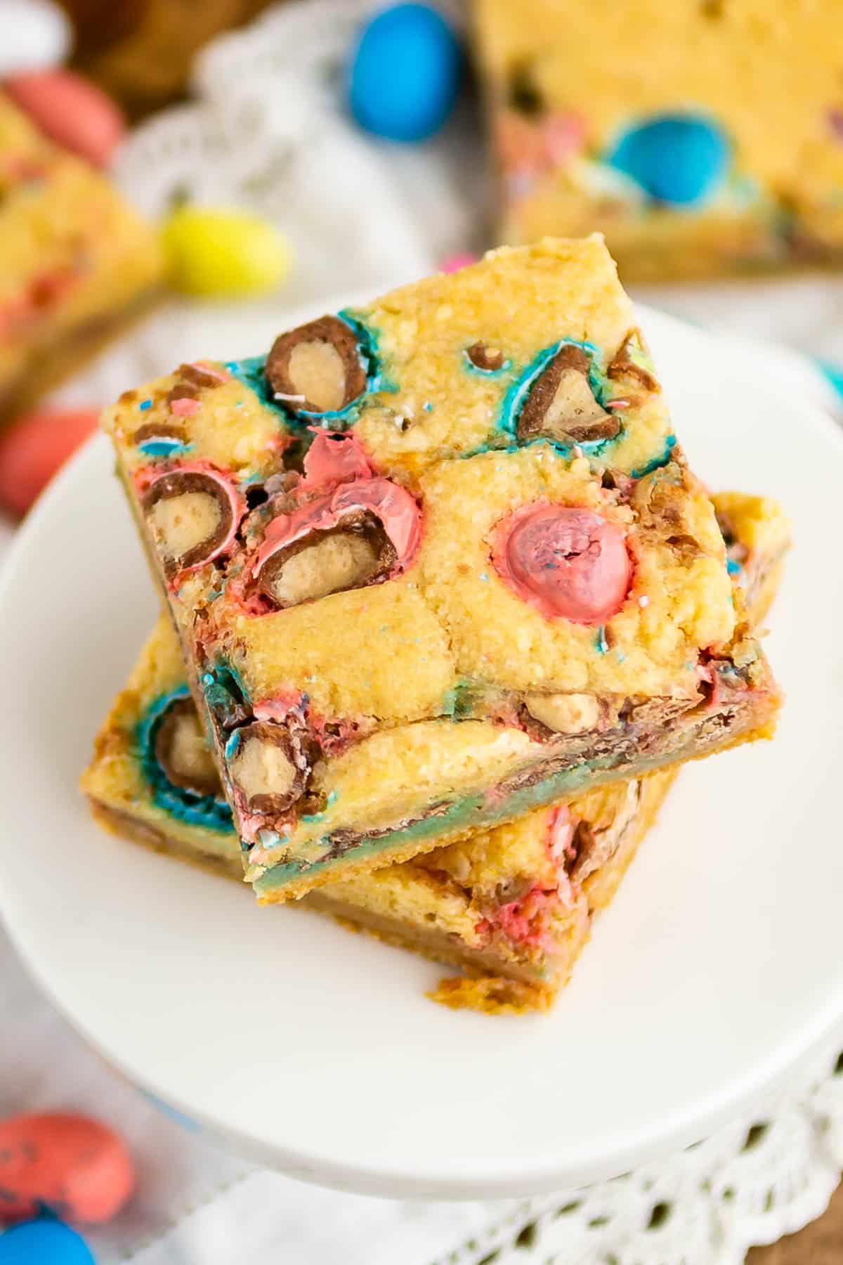 gooey bars with chocolate candies baked in.