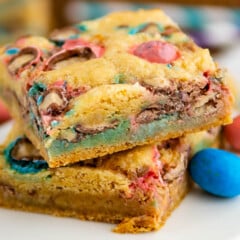 gooey bars with chocolate candies baked in.