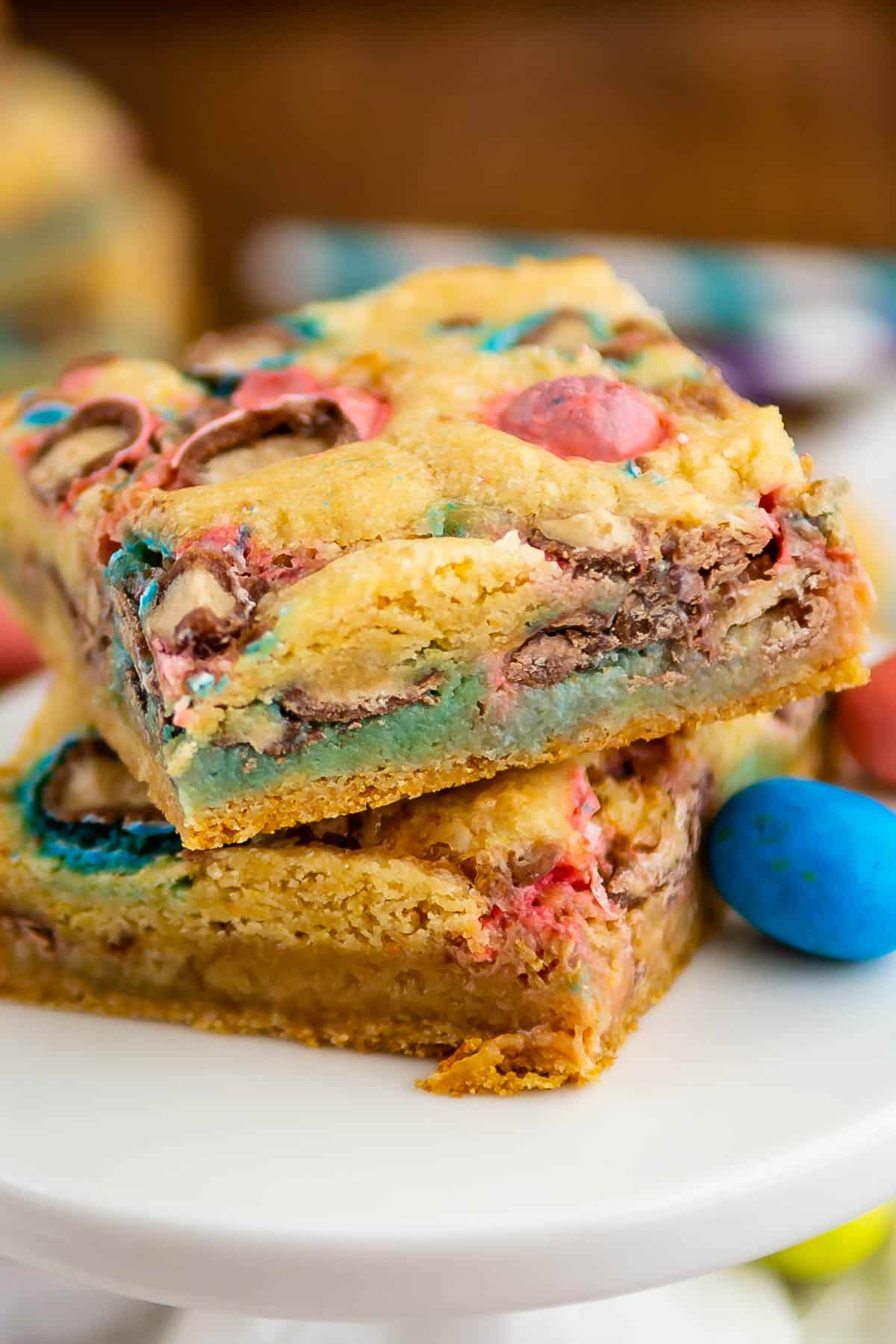 gooey bars with chocolate candies baked in.
