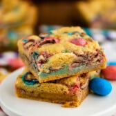 gooey bars with chocolate candies baked in.