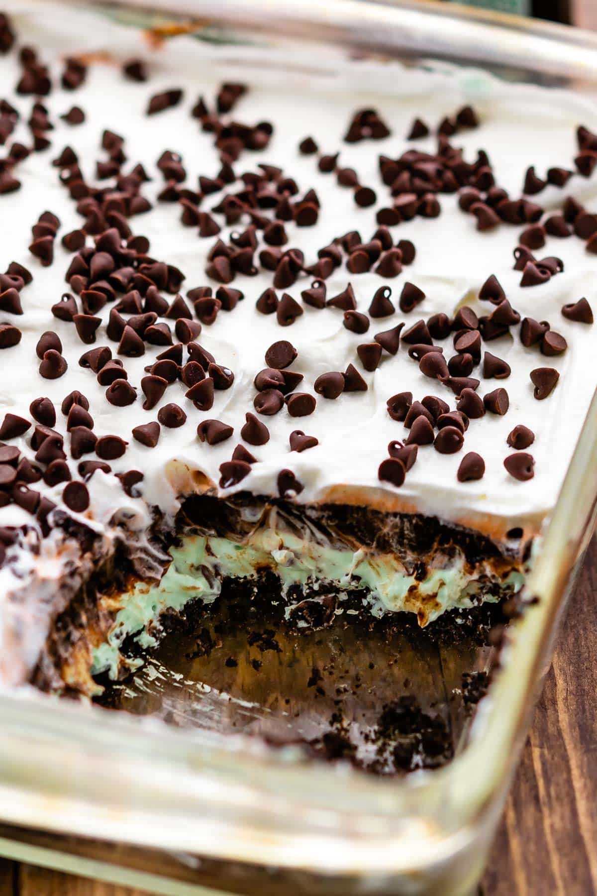 mint lush covered with whipped cream and chocolate chips.