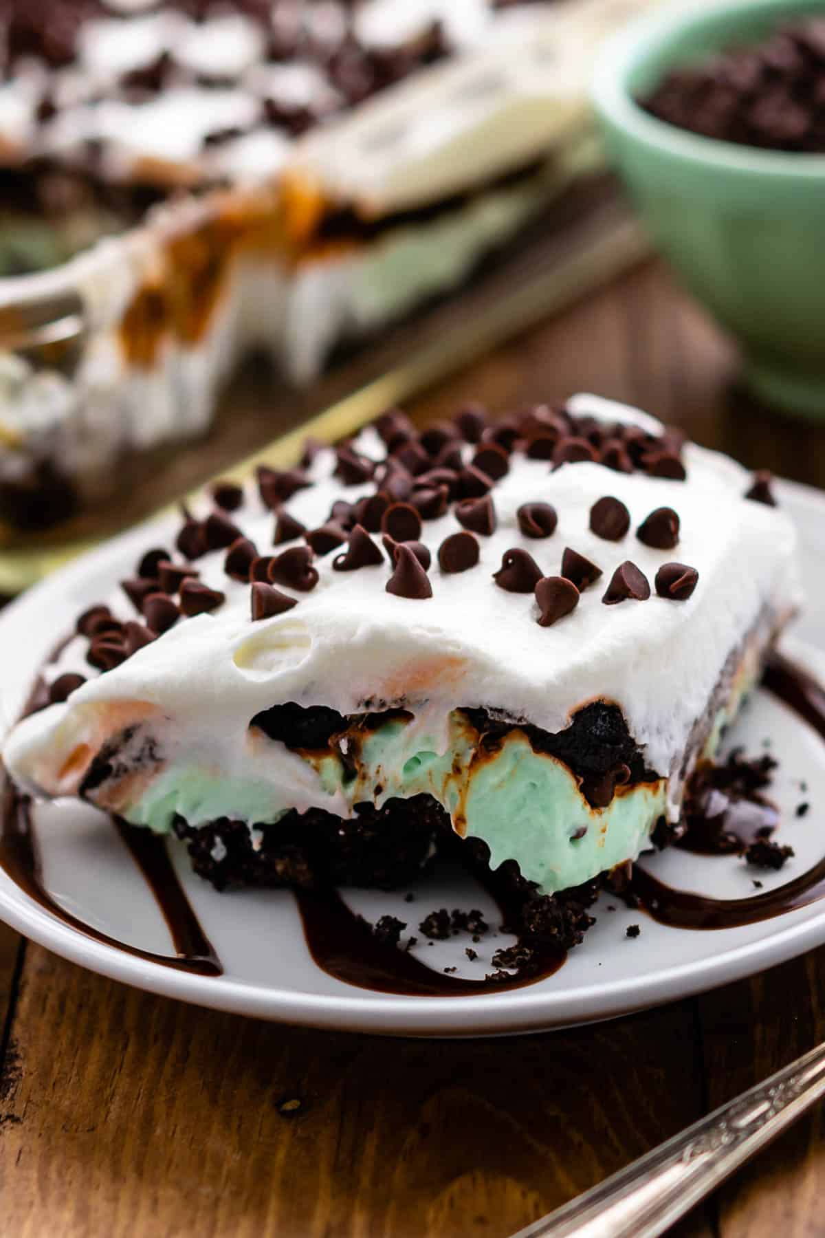 mint lush covered with whipped cream and chocolate chips.