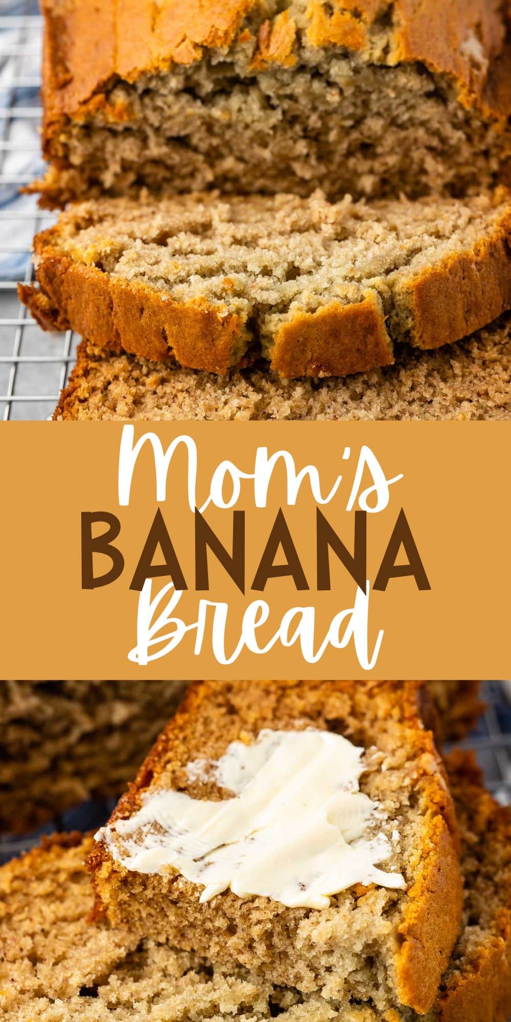 two photos of sliced banana bread on a drying rack with words on the image.