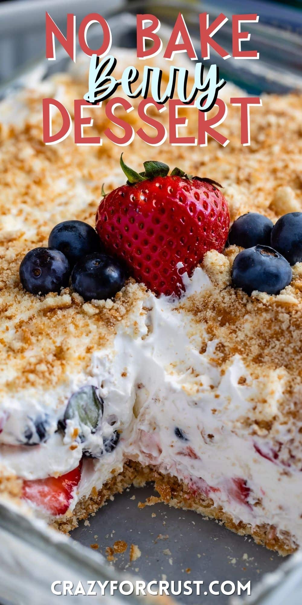 berry lush dessert topped with blueberries and bread crumbs with words on the photo.