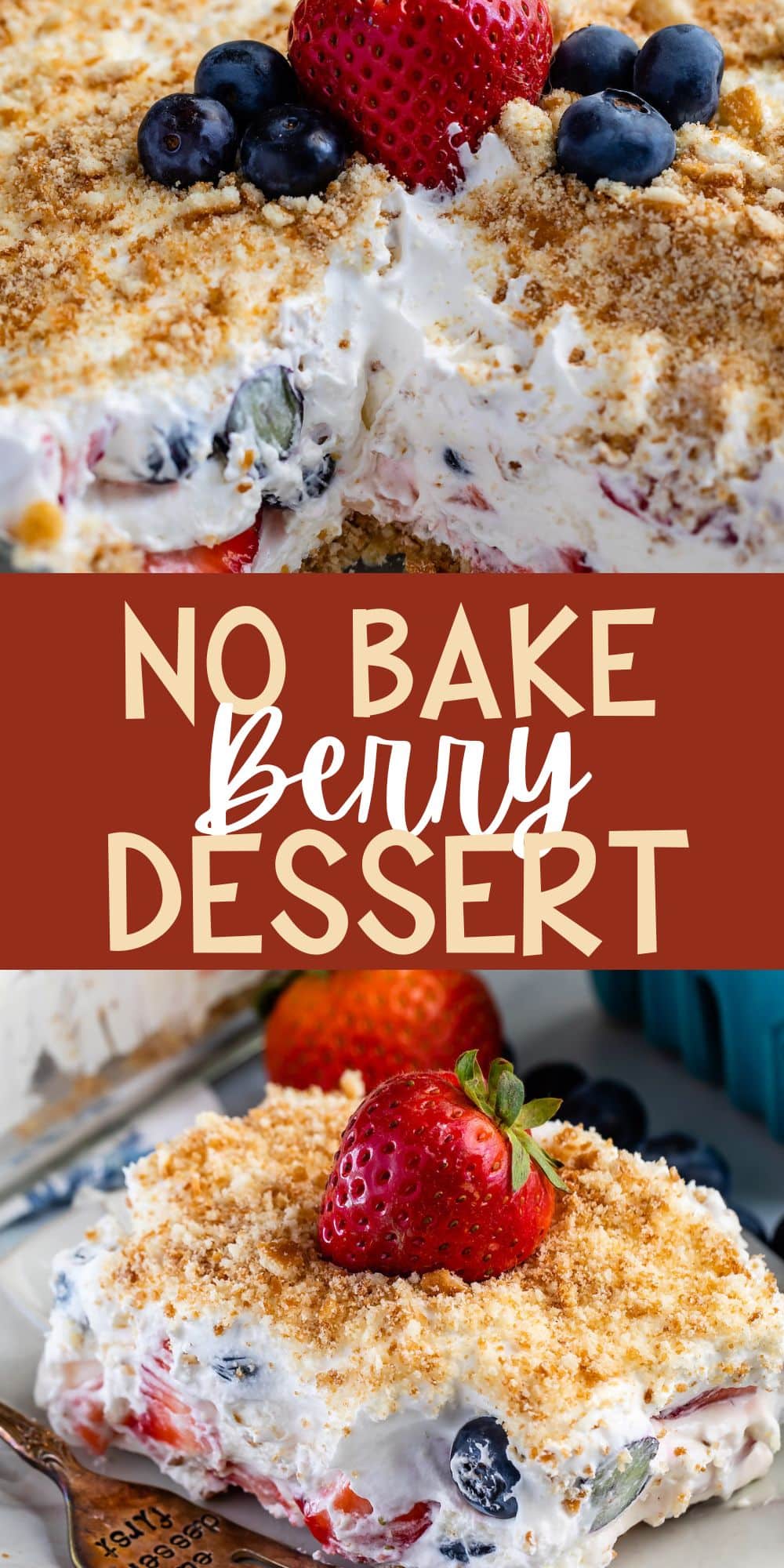 two photos of berry lush dessert topped with blueberries and bread crumbs with words on the photo.