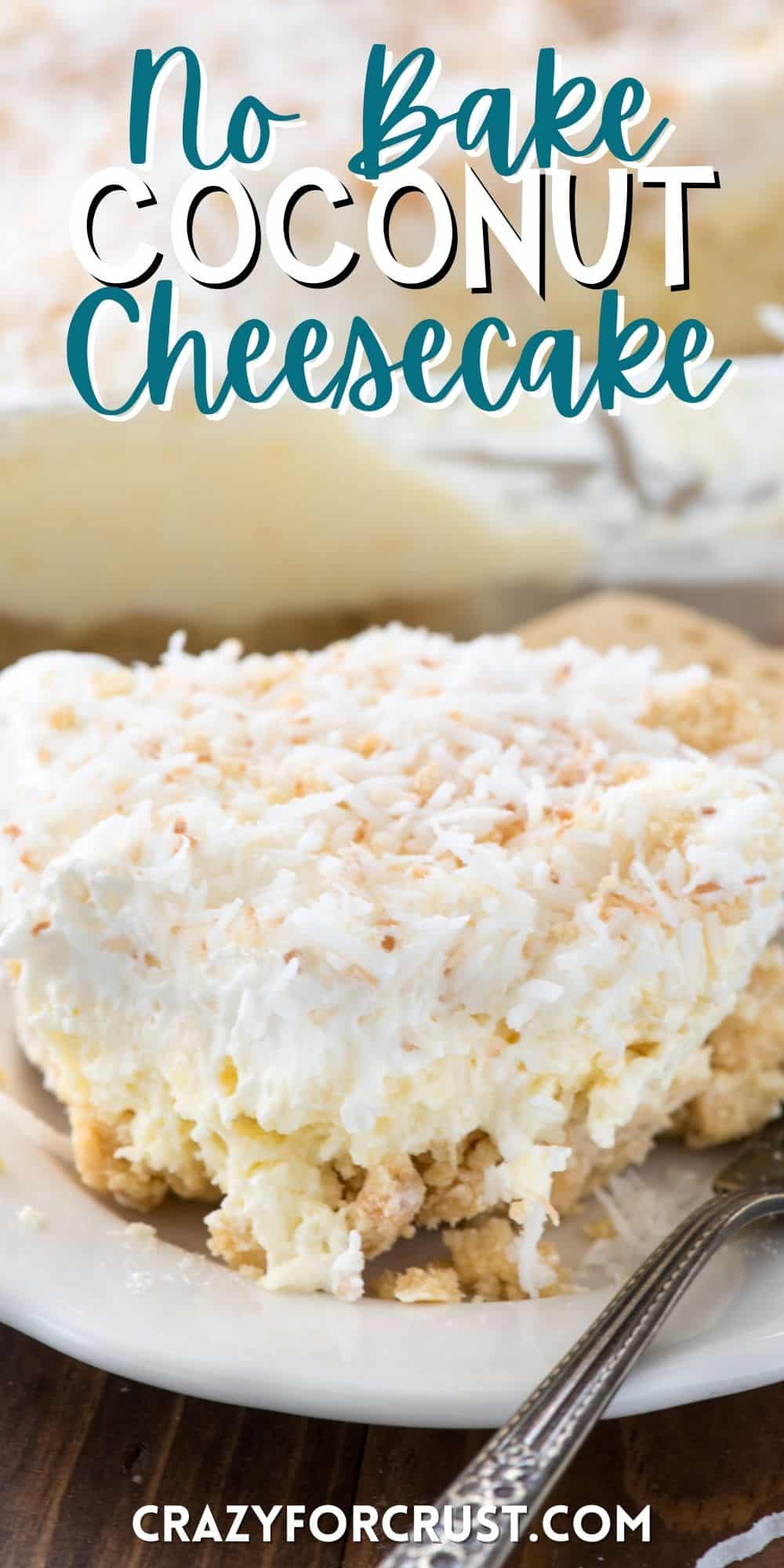 no bake dessert with coconut on top on a white plate with words on the photo.
