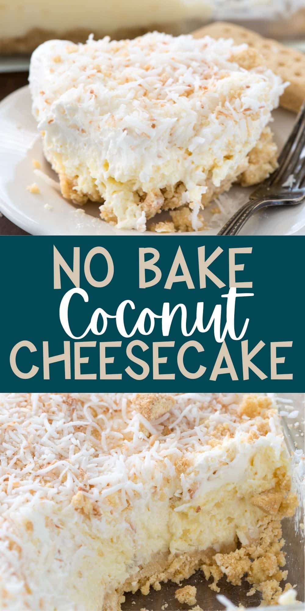two photos of no bake dessert with coconut on top on a white plate with words on the photo.