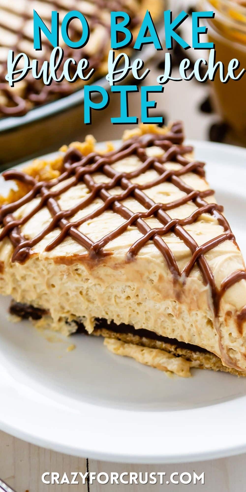 pie on a white plate covered in chocolate frosting with words on the photo.