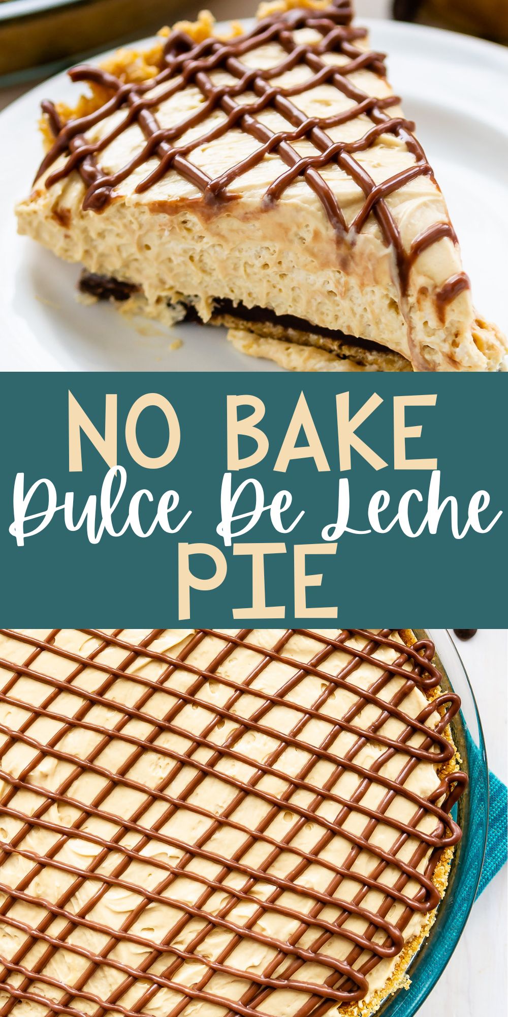 two photos of pie on a white plate covered in chocolate frosting with words on the photo.