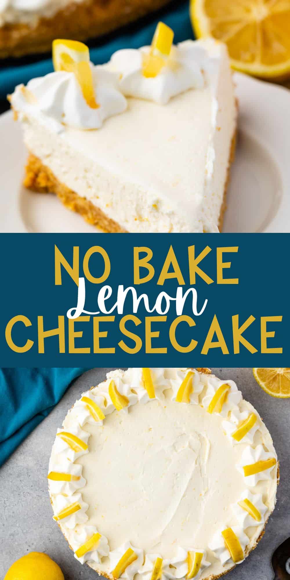 two photos of triangle slice of cheesecake with lemon slices on top with words on the image.