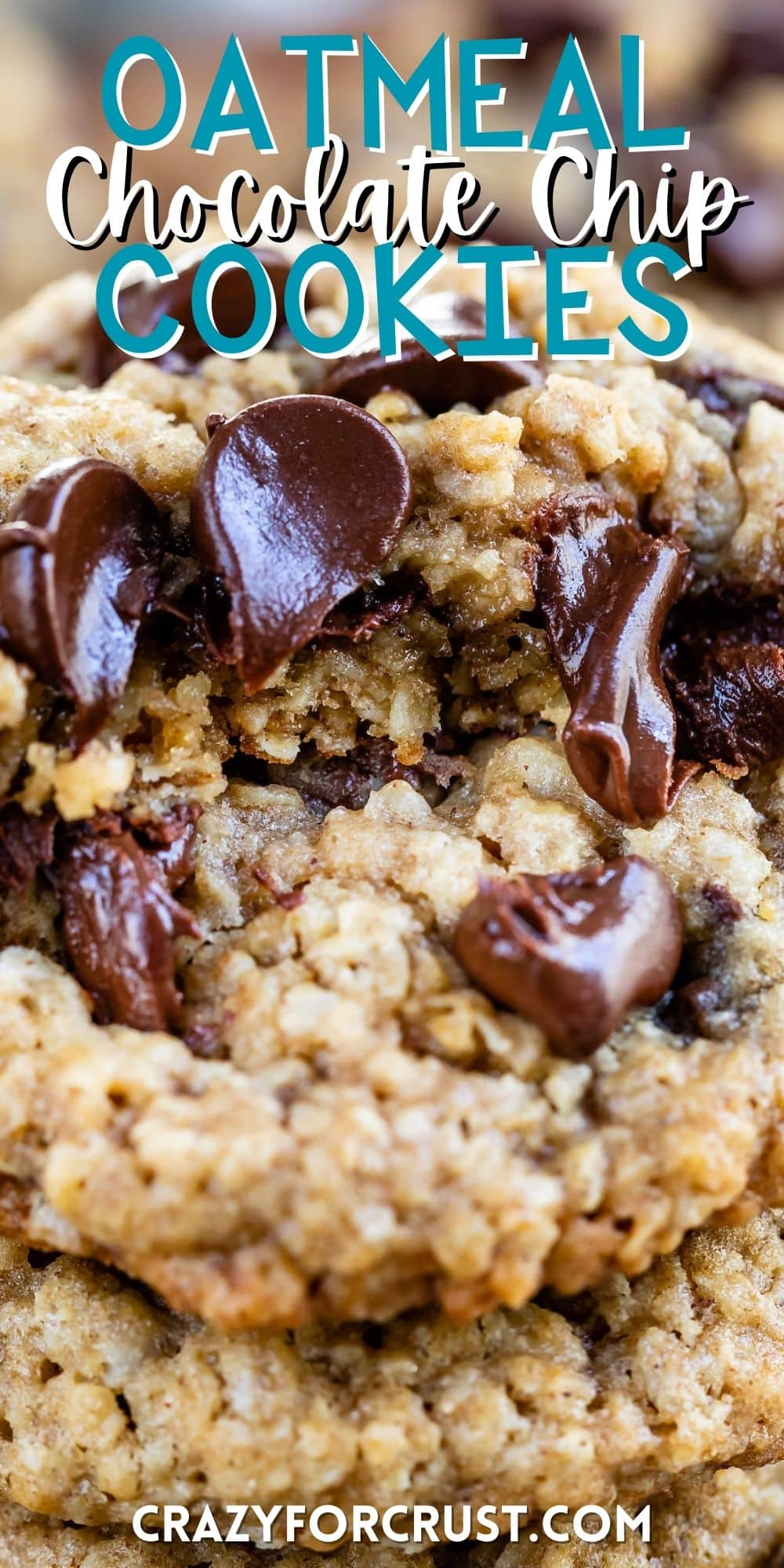 stacked cookies with chocolate chips baked in with words on the image.