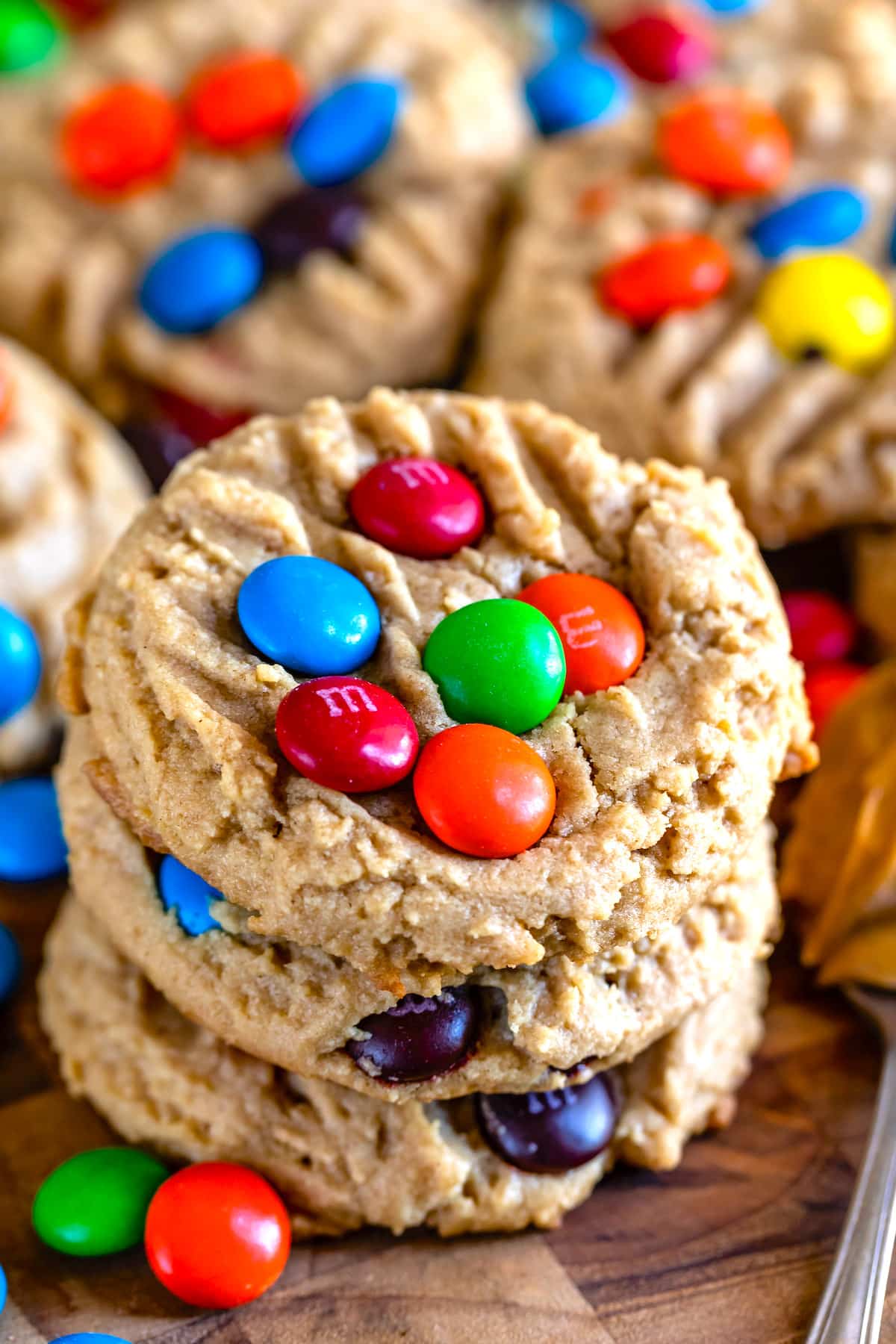 peanut butter cookies with colorful m&ms baked in.