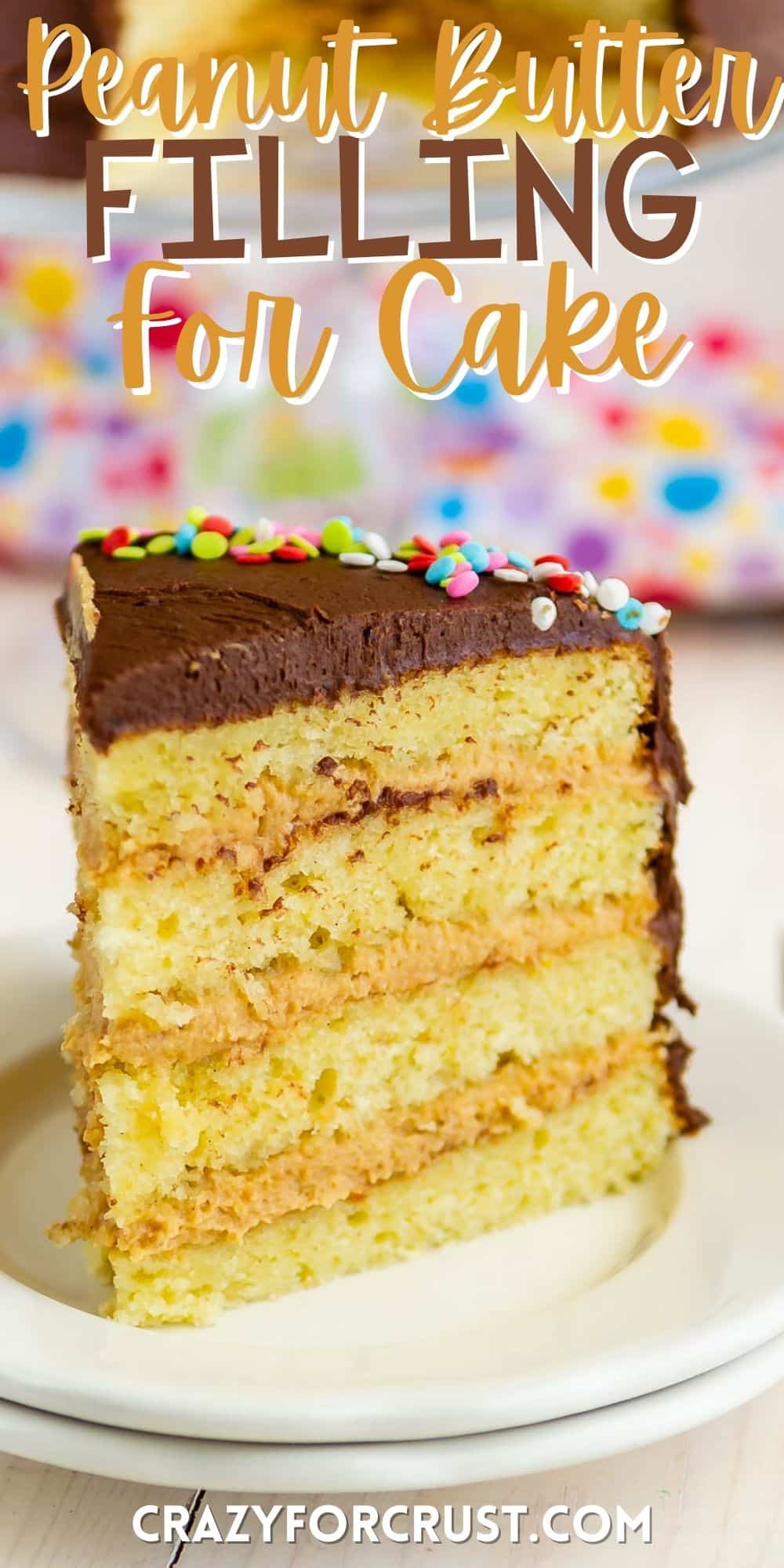 one slice of yellow cake with peanut butter frosting with words on the image.