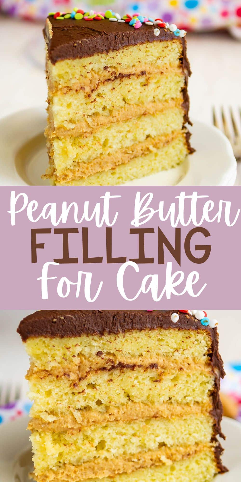 two photos of one slice of yellow cake with peanut butter frosting with words on the image.