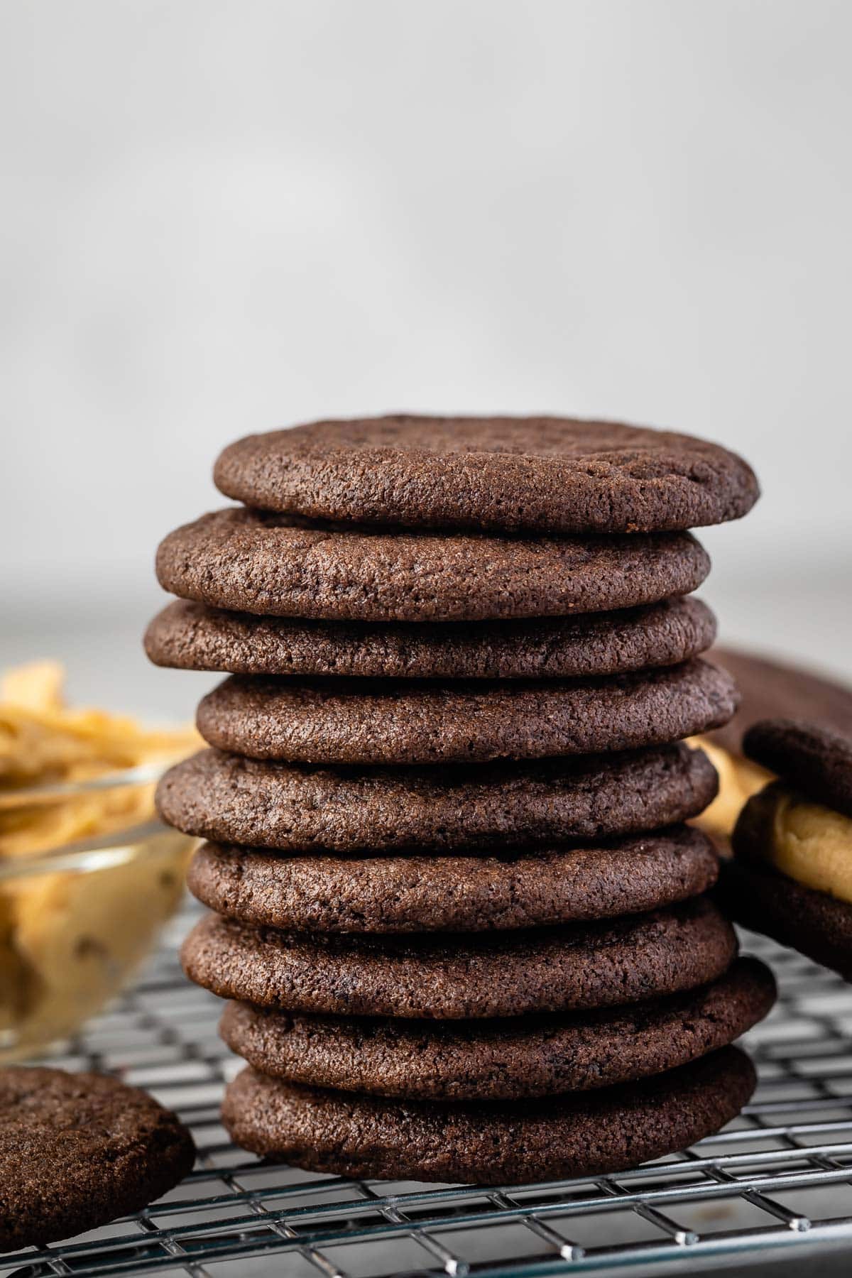 stacked oreos with peanut butter filling.