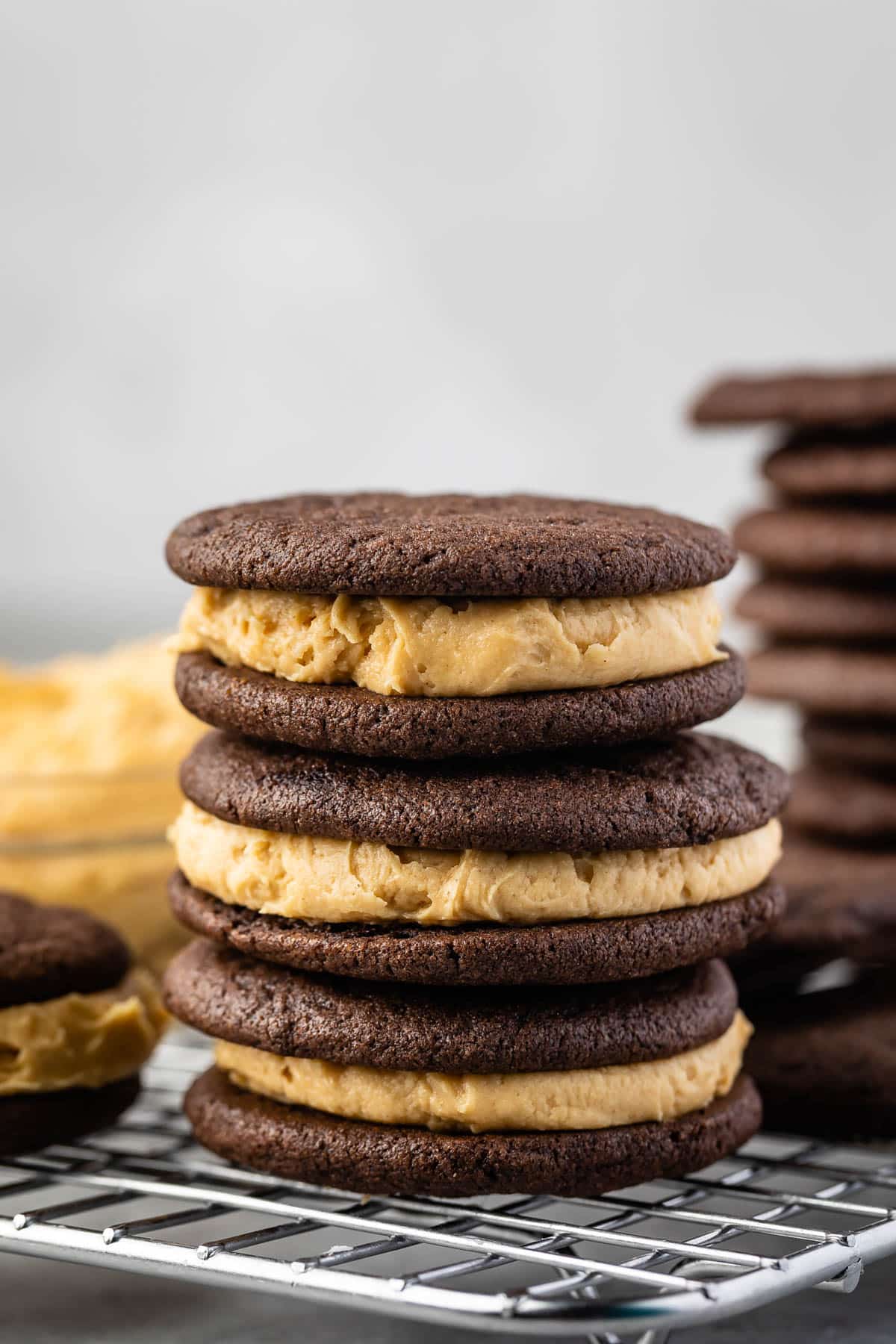 stacked oreos with peanut butter filling.