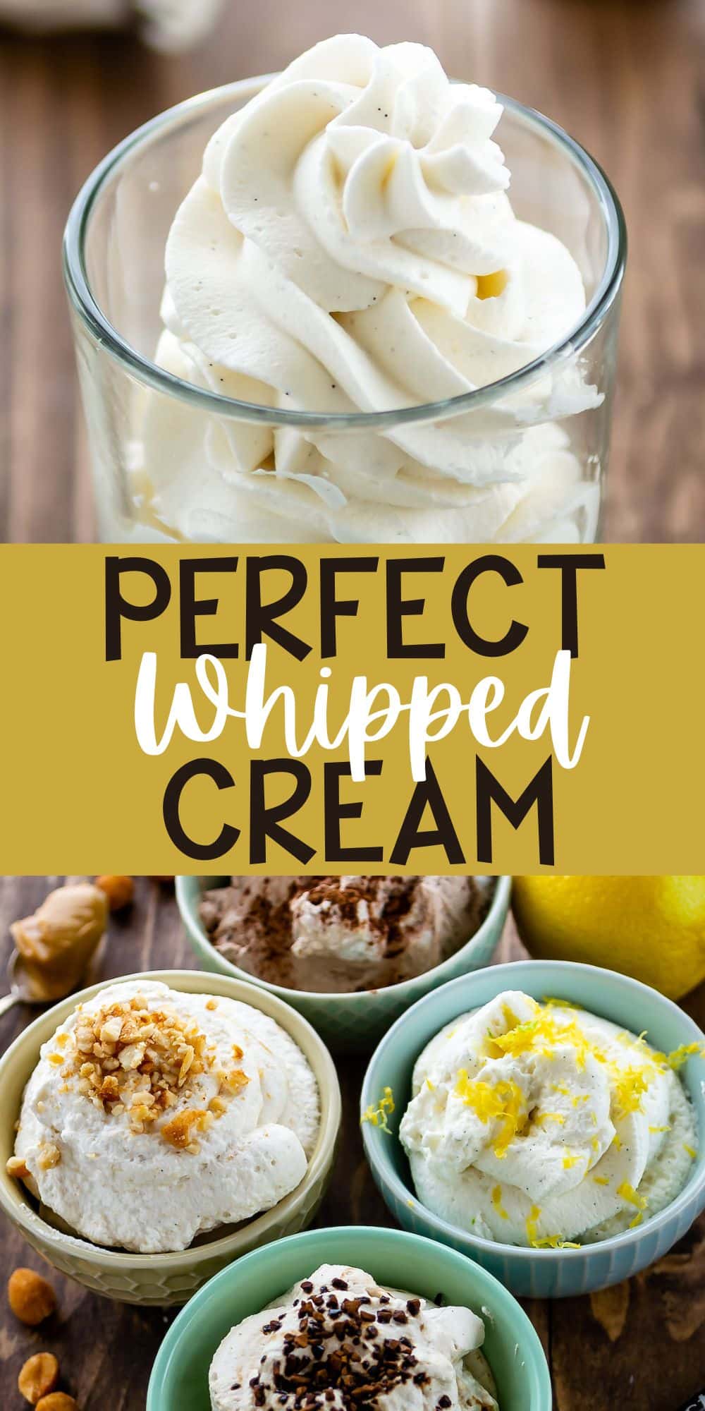 two photos of whipped cream in a clear jar with words on the image.
