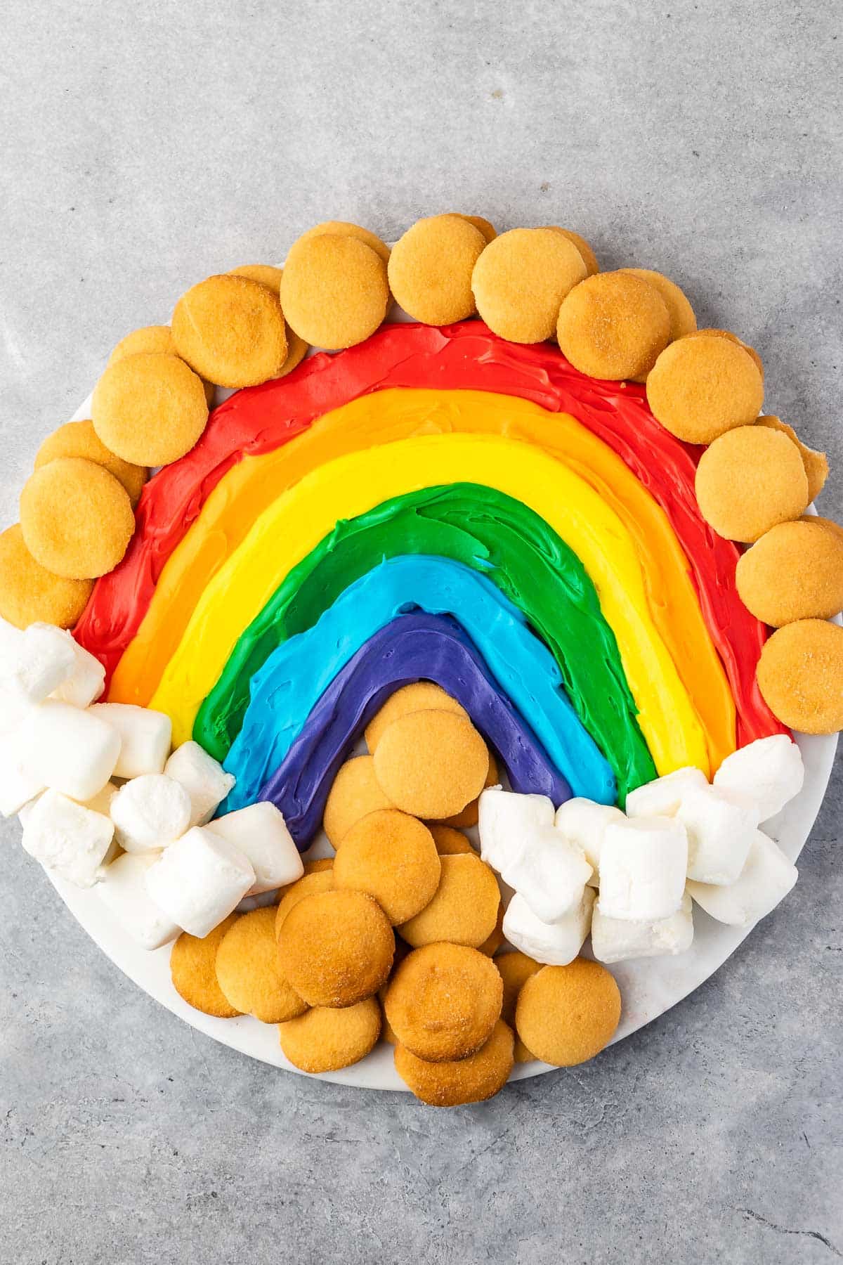 rainbow buttercream board with nilla wafers and marshmallows