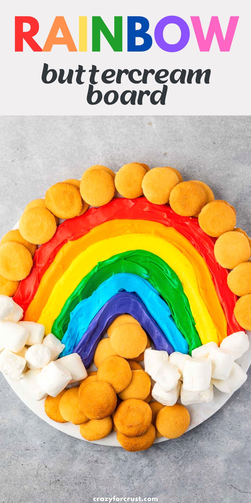 rainbow buttercream board with nilla wafers and marshmallows