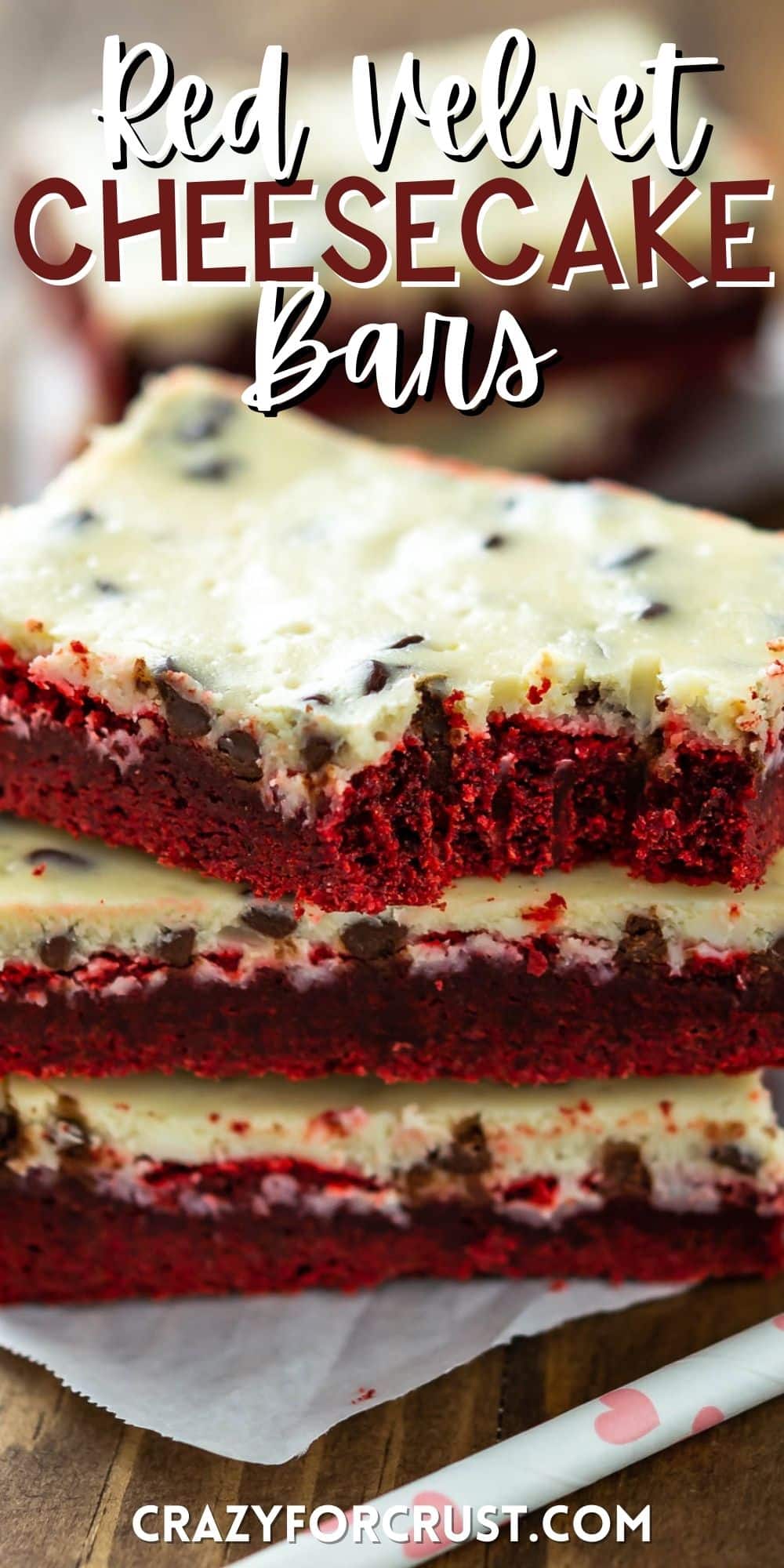 stacked red velvet bars with a yellow top of frosting with words on the image.