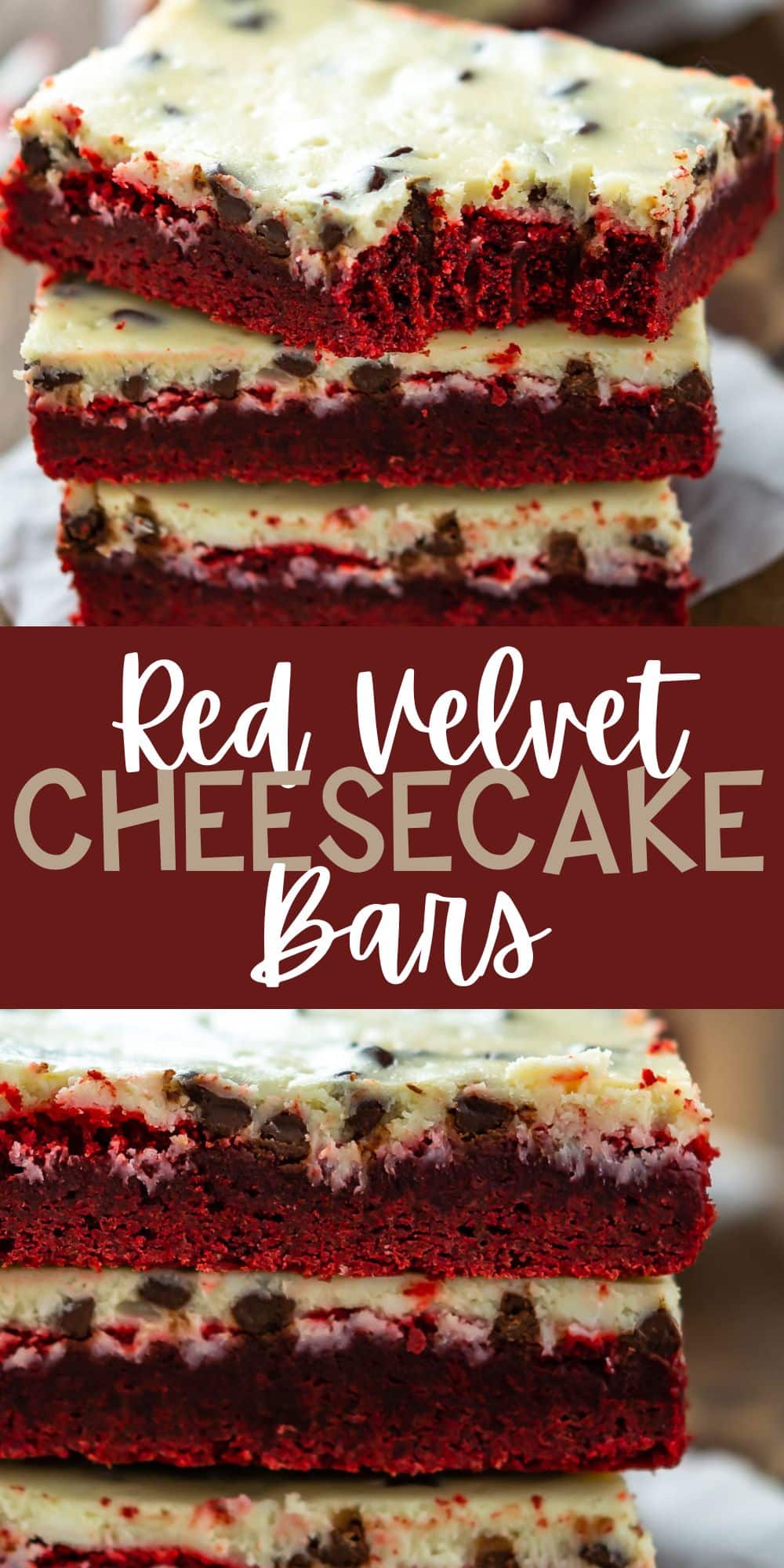 two photos of stacked red velvet bars with a yellow top of frosting with words on the image.