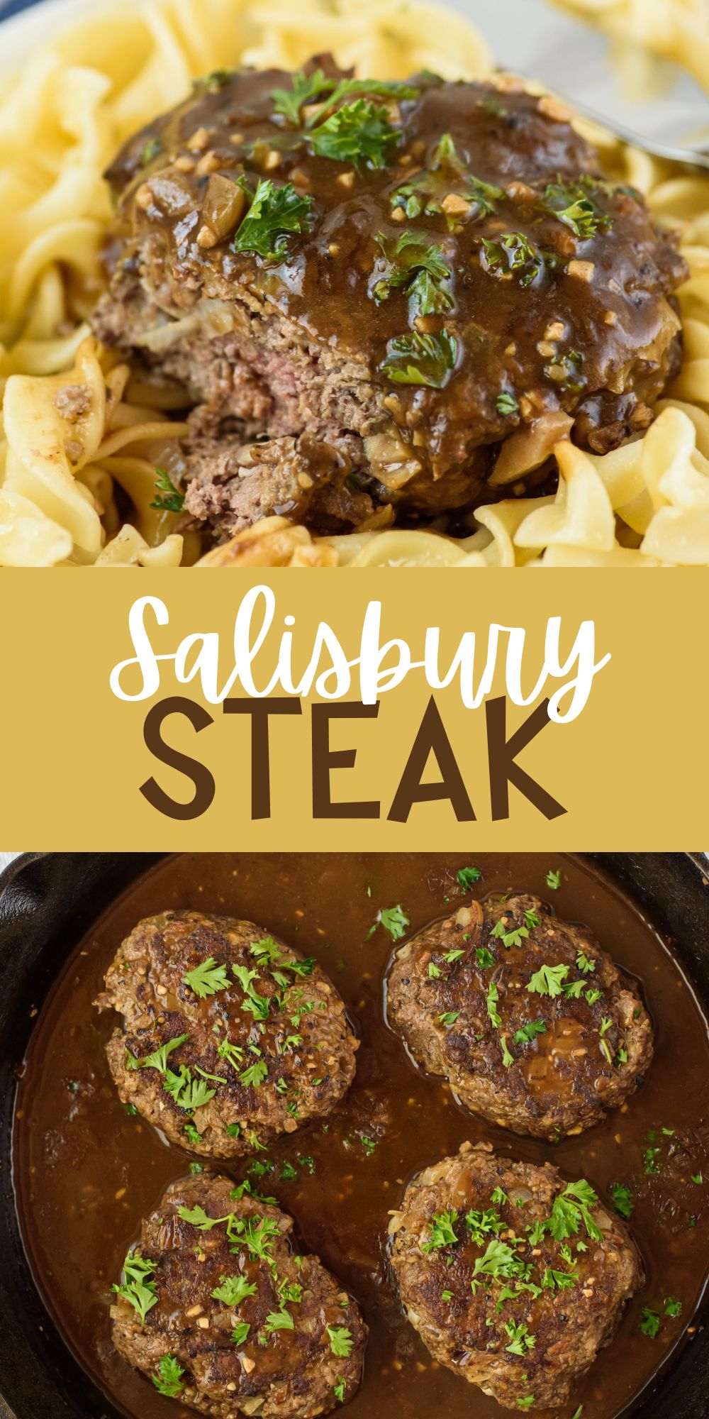 two photos of steak on top of pasta and covered in sauce with words on the image.