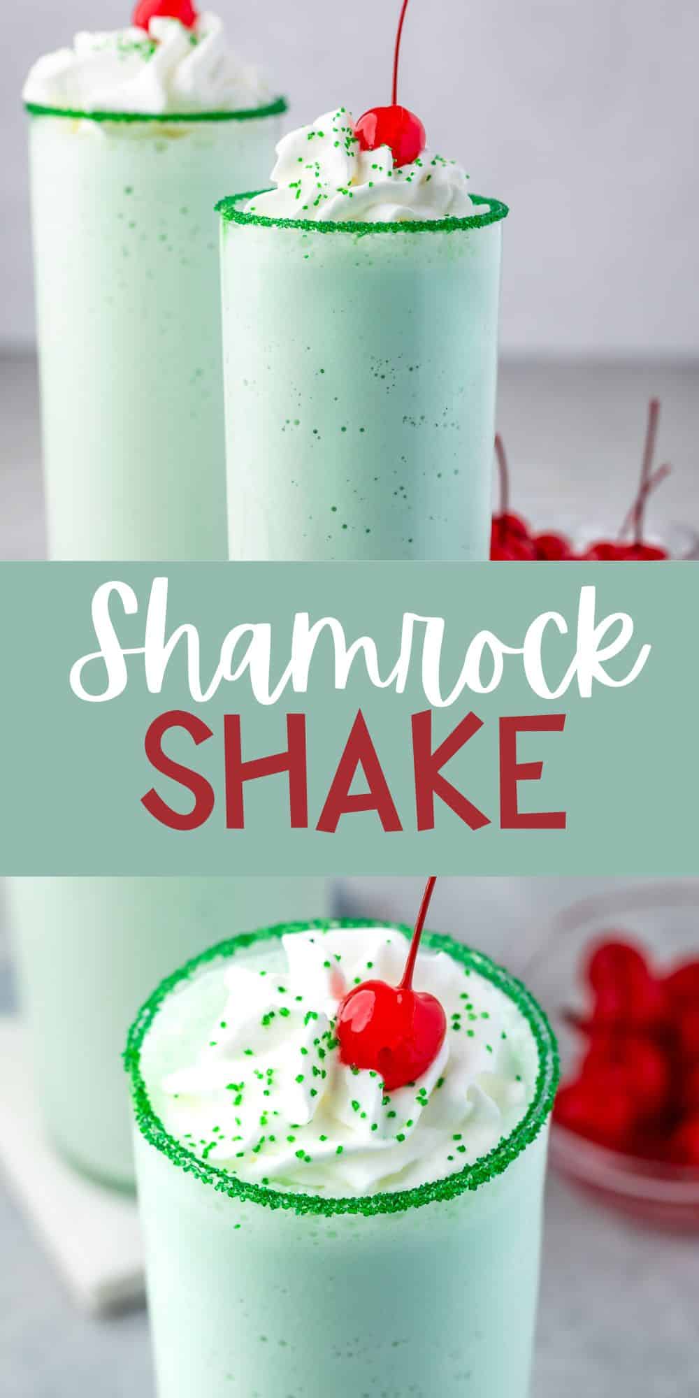 two photos of green shake in a clear glass topped with whipped cream and a cherry with words on the image.