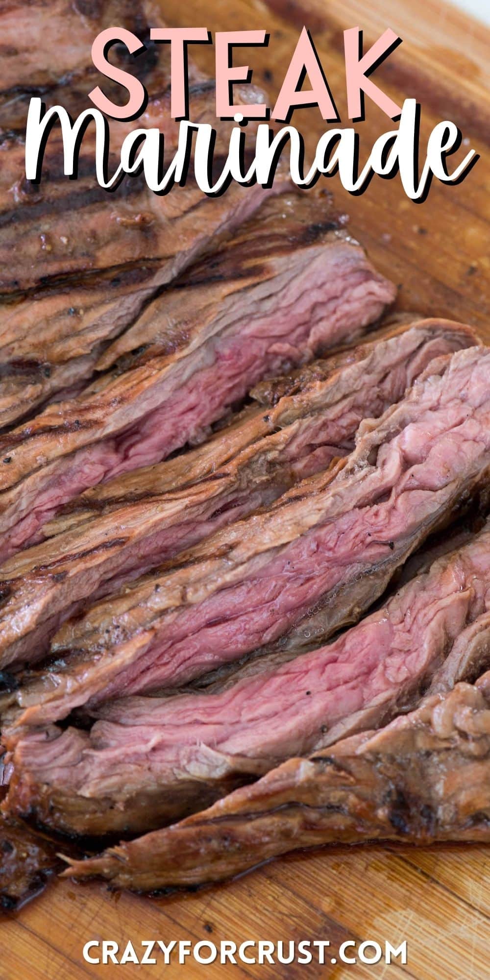 steak sliced onto a wooden cutting board with words on the image.