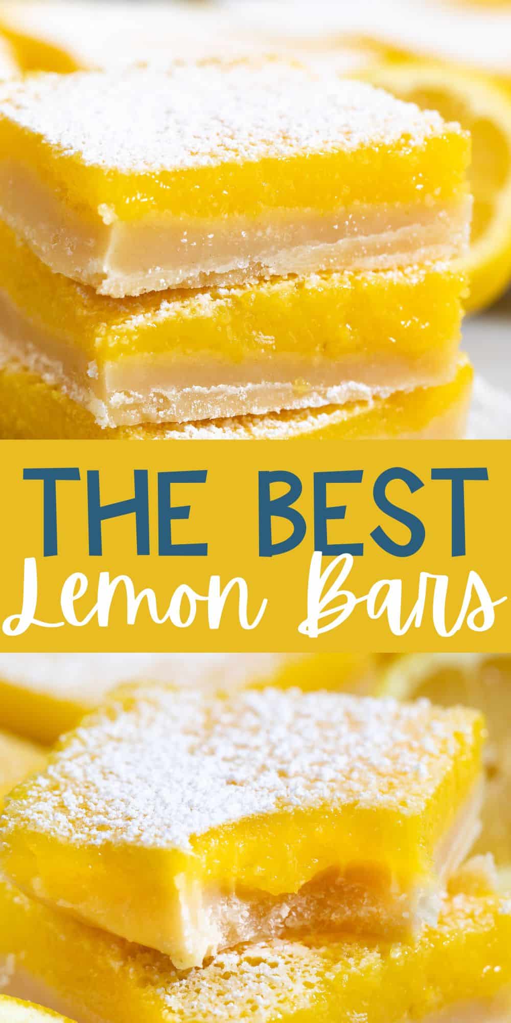 two photos of stacked lemon bars with powdered sugar on top around cut lemons with words on the image.