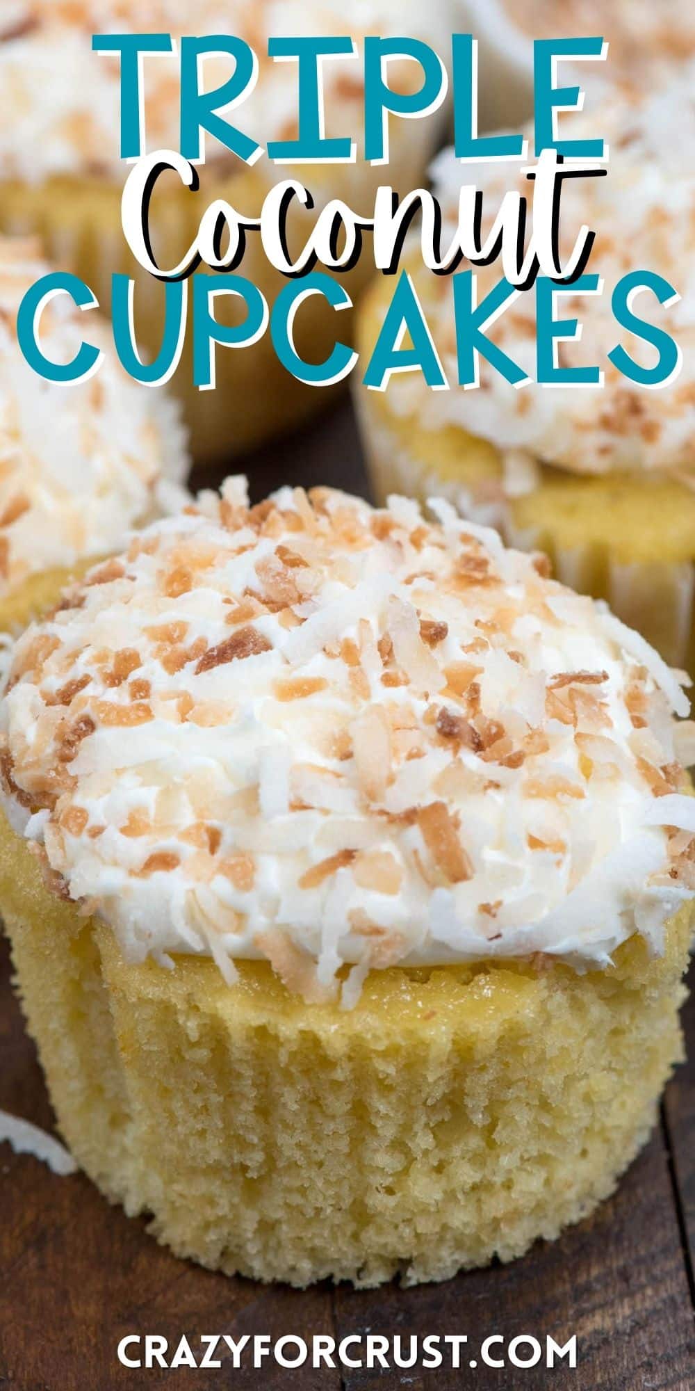 yellow cupcakes with white frosting topped with coconut with words on the image.