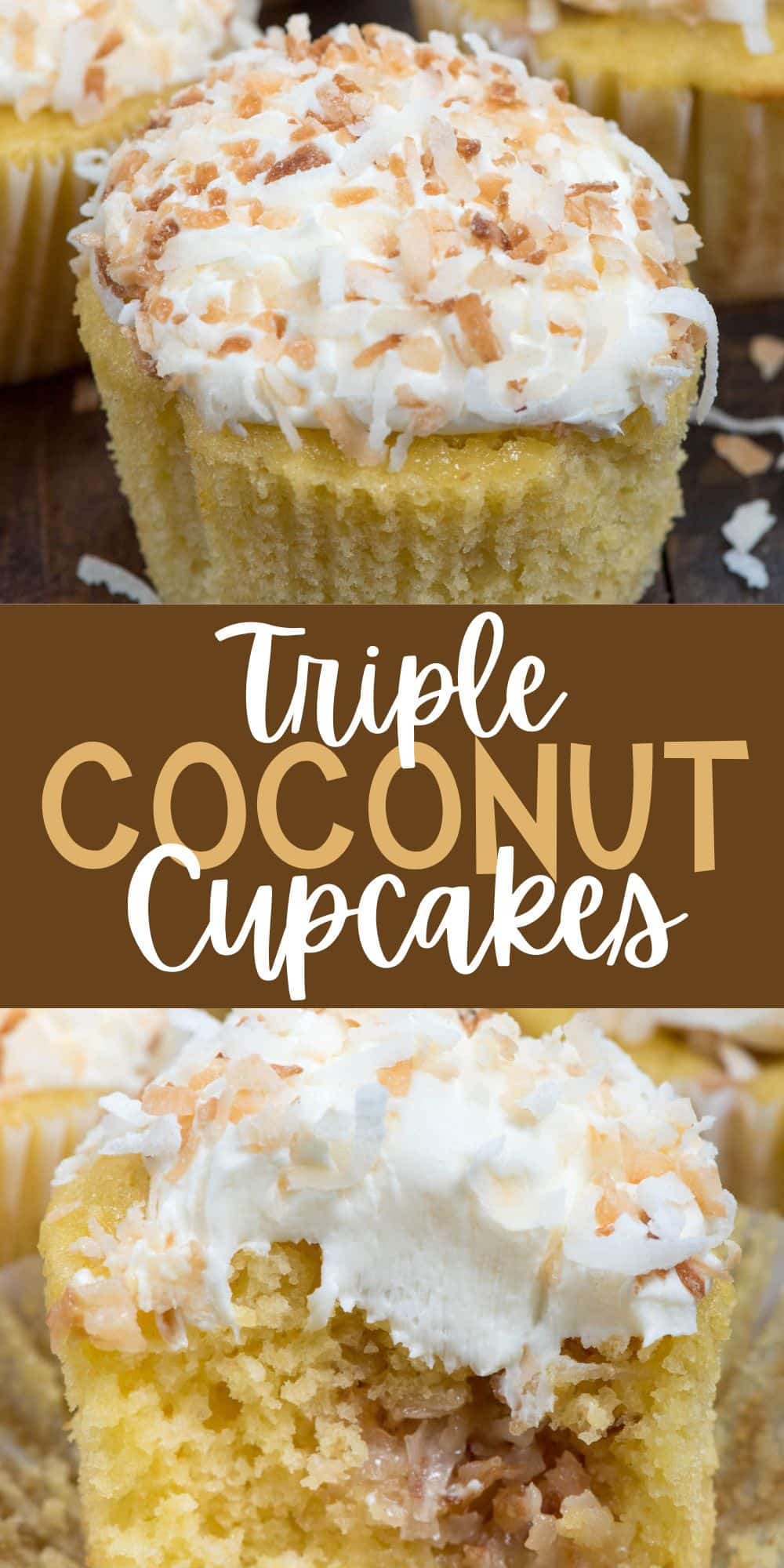 two photos of yellow cupcakes with white frosting topped with coconut with words on the image.
