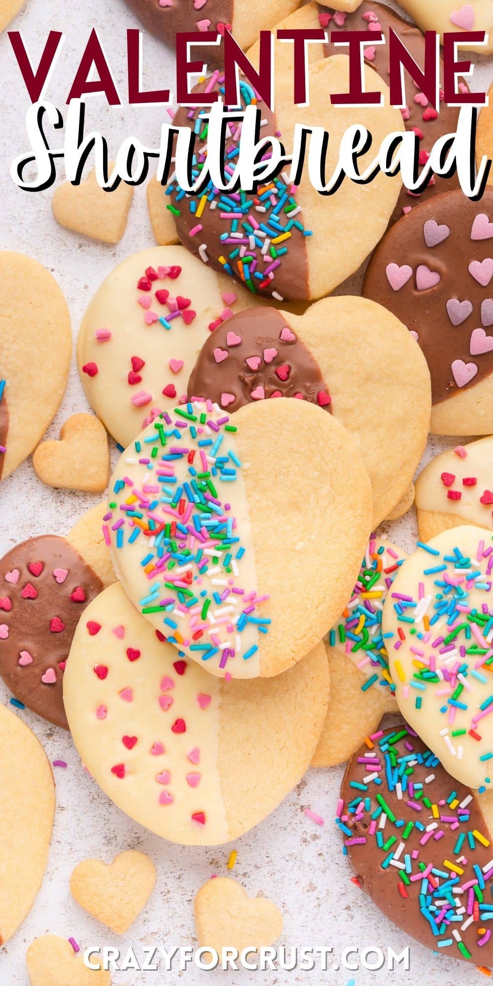 heart shaped cookies half covered in chocolate and sprinkles with words on the image.