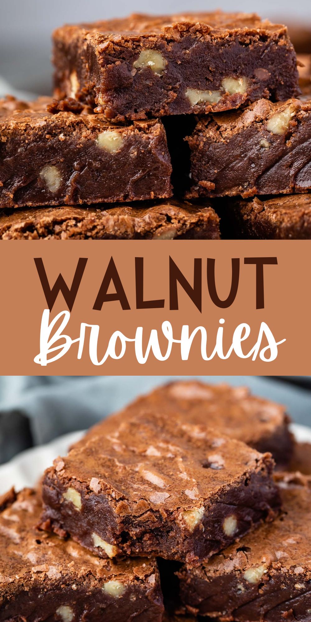 two photos of stacked brownies with walnuts baked in and words on the photo.