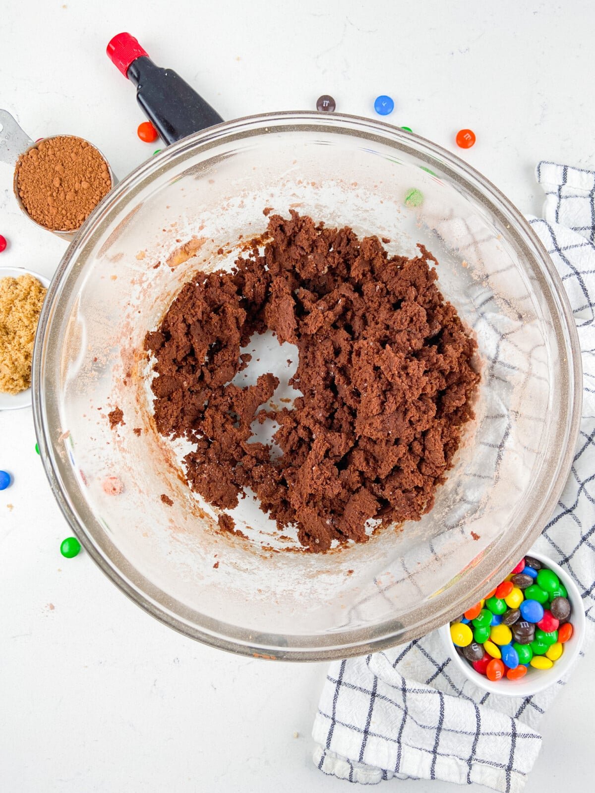 chocolate dough in clear bowl.