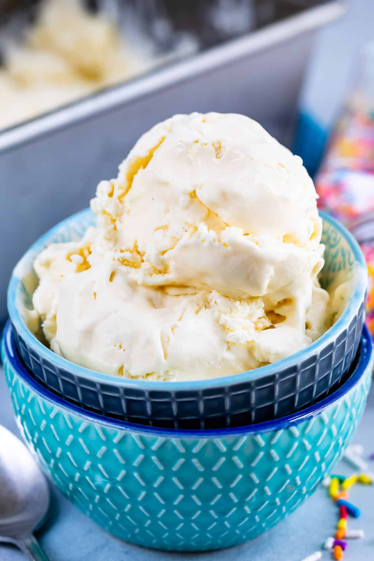 ice cream in blue bowls.