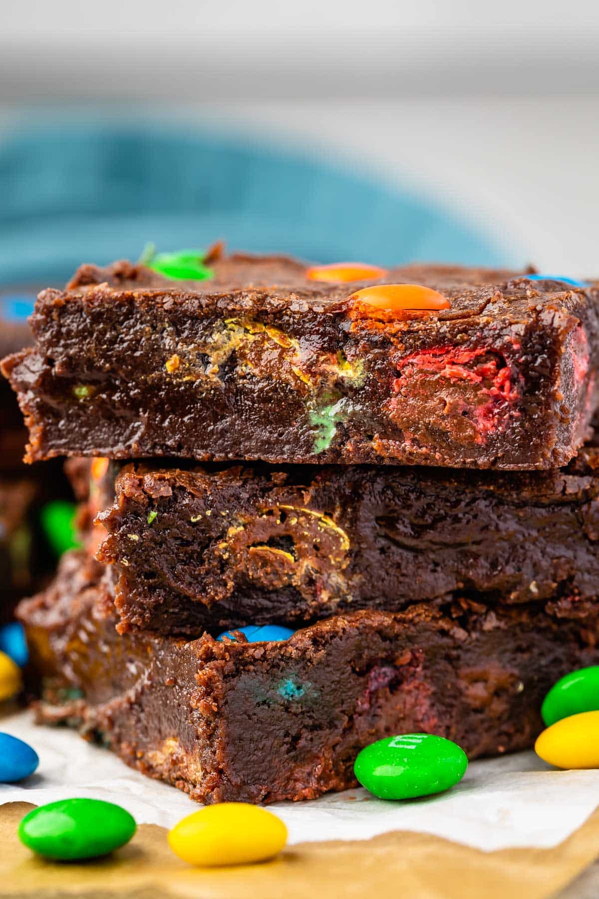 stacked brownies with colorful m&ms baked in.