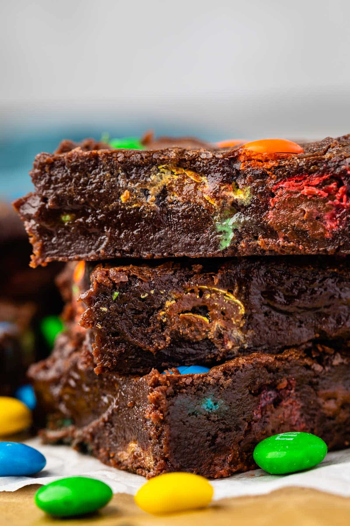 stacked brownies with colorful m&ms baked in.