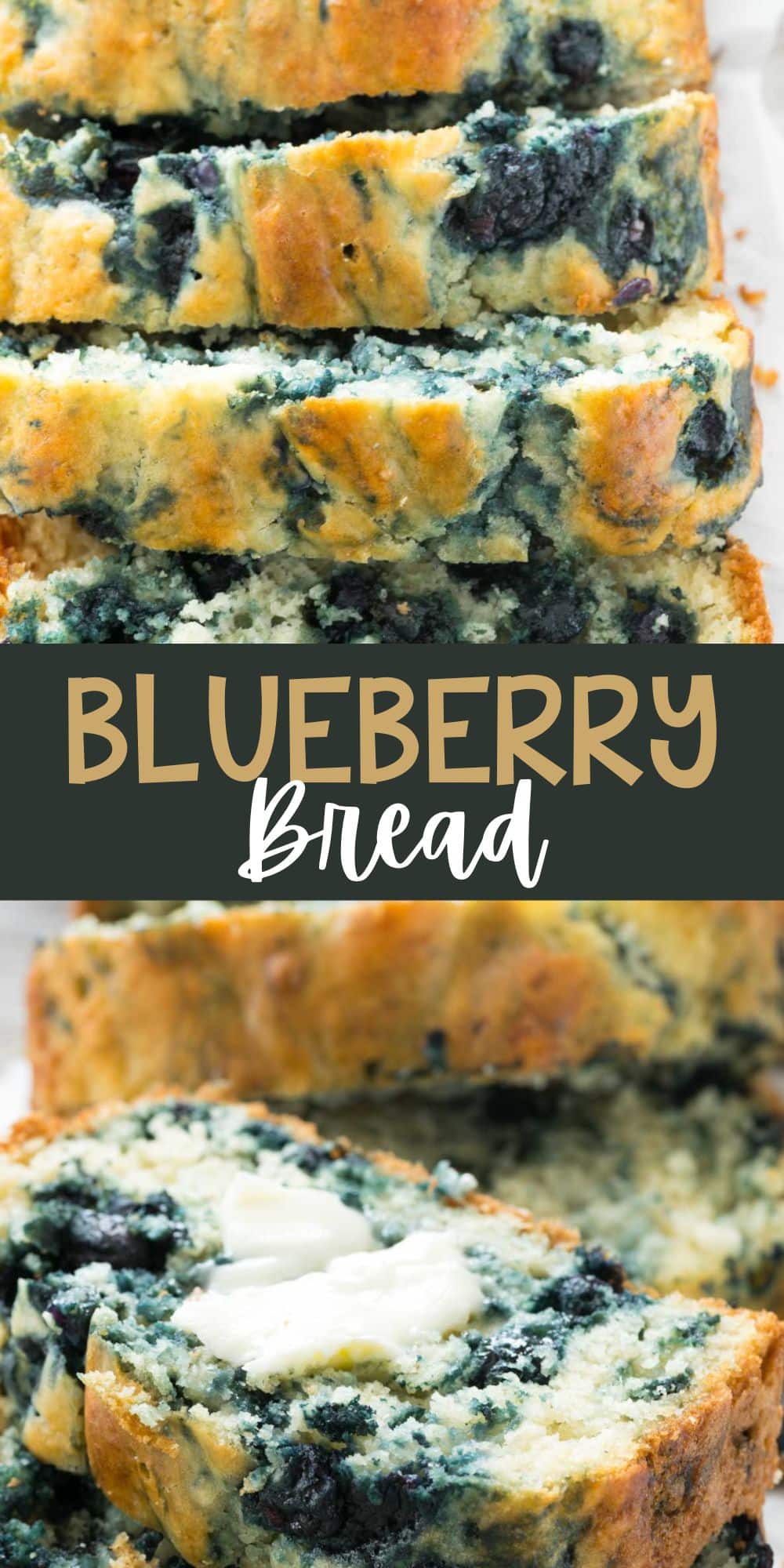 two photos of bread with blueberries baked in and words on the image.