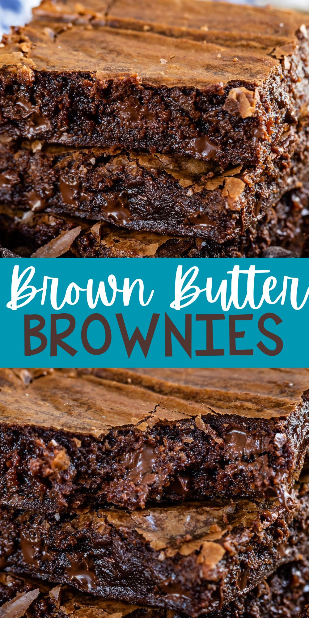 two photos of stacked brownies with chocolate chips sprinkled around with words on the image.