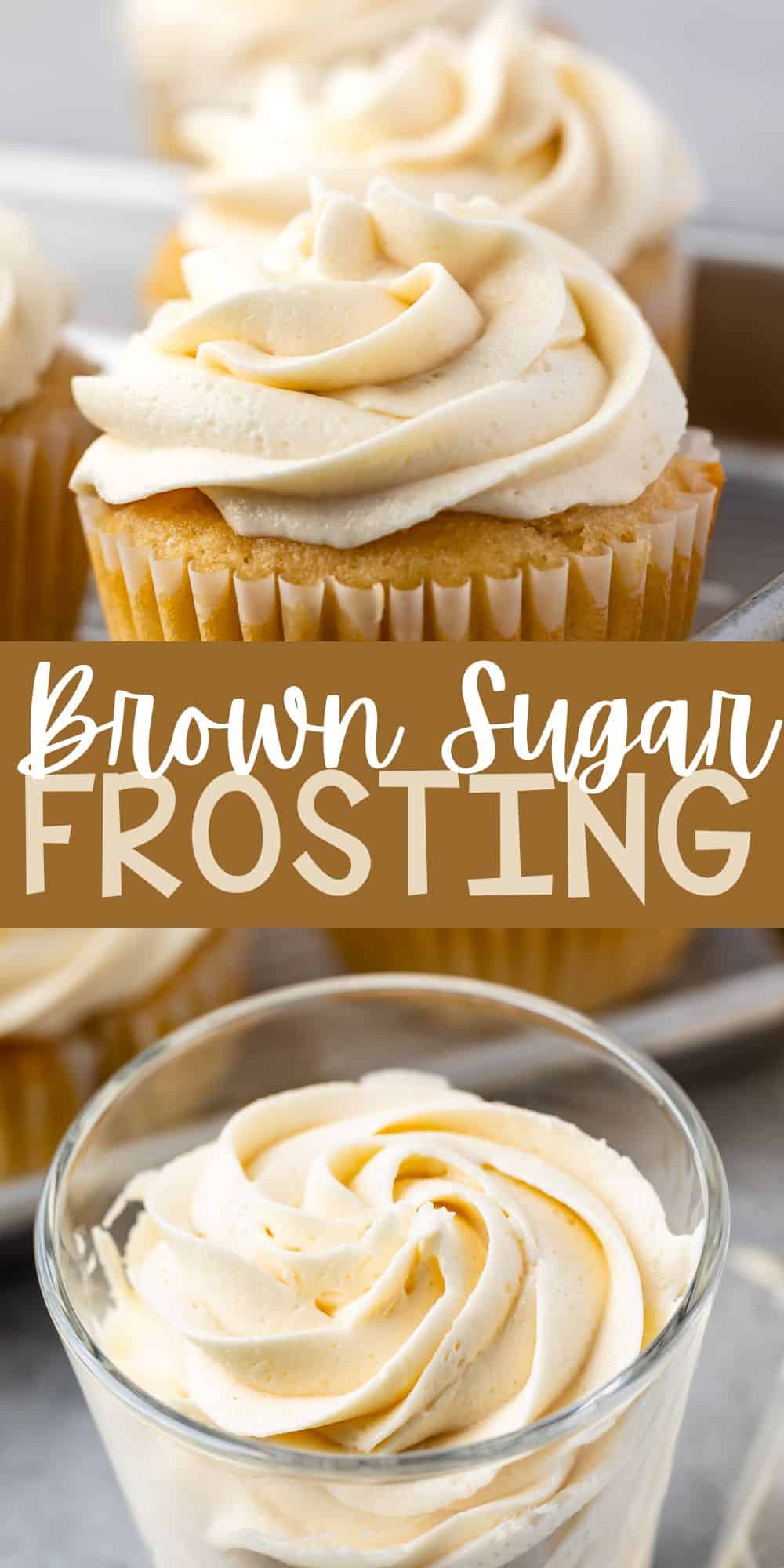 two photos of cream colored frosting swirled on top of a cupcake with words on the image.