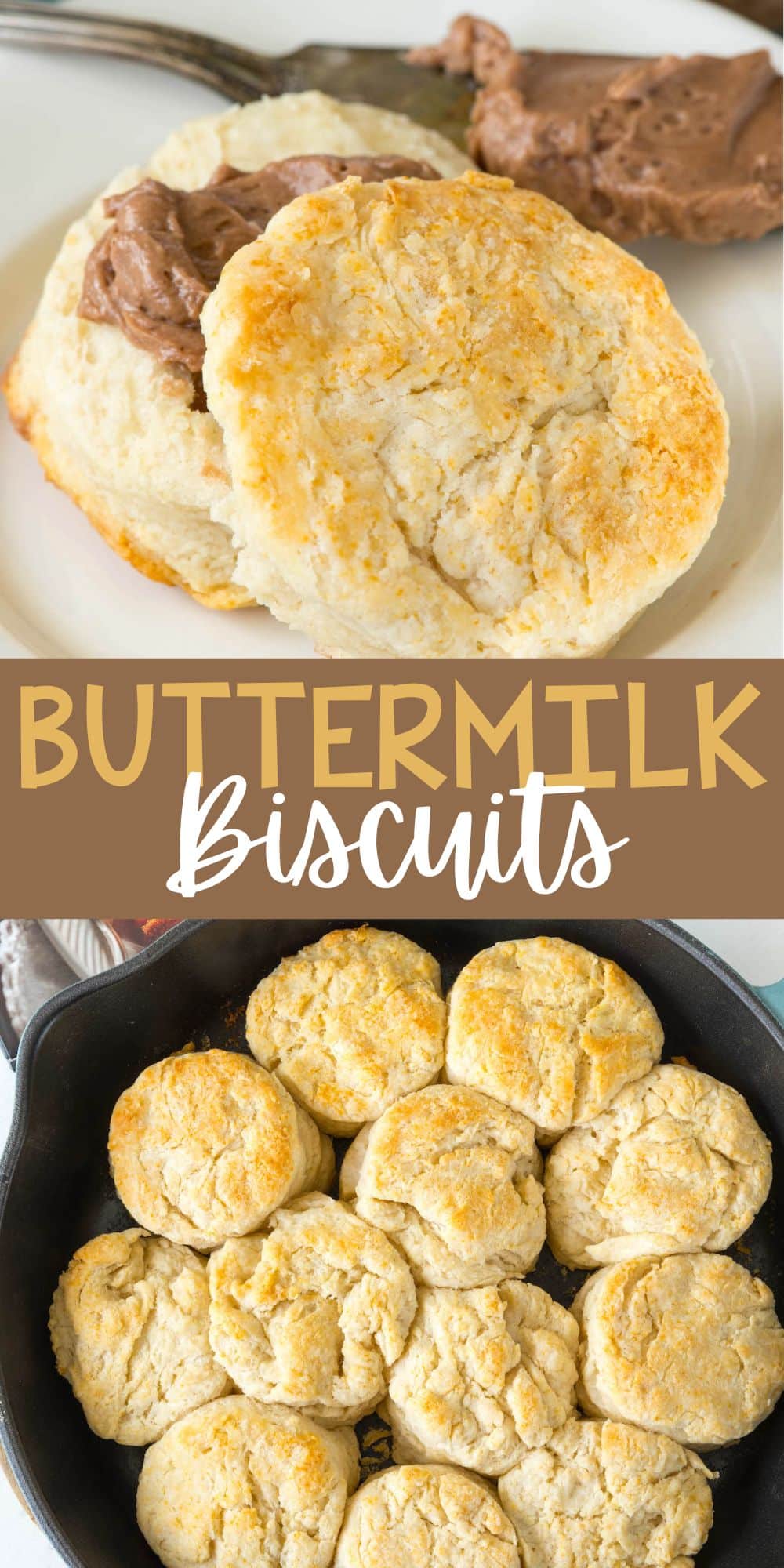 two photos of biscuits with chocolate homey butter spread on the biscuits with words on the image.