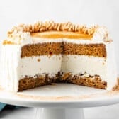 carrot cake covered in white frosting and cinnamon.