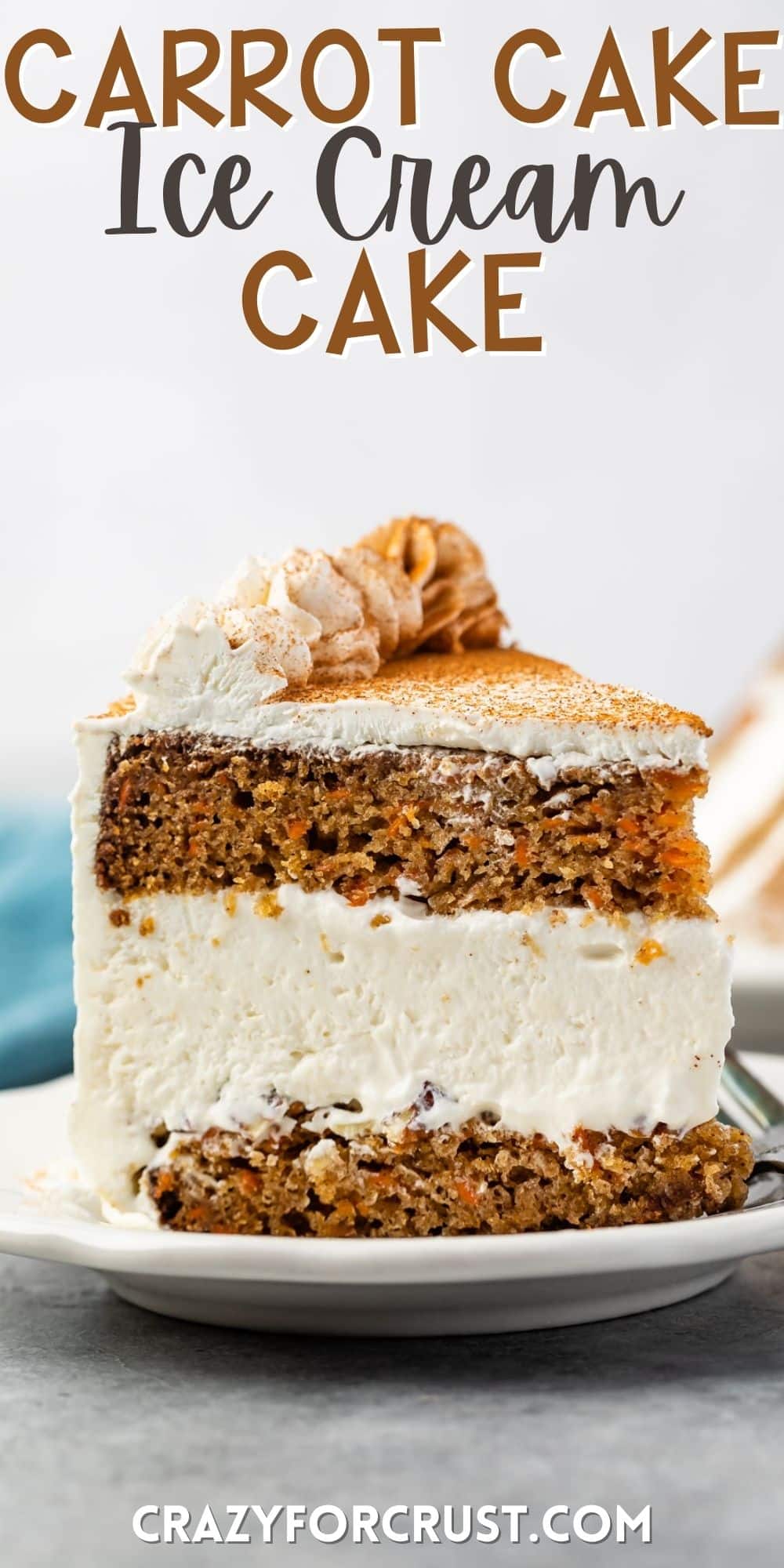 carrot cake covered in white frosting and cinnamon with words on the photo.
