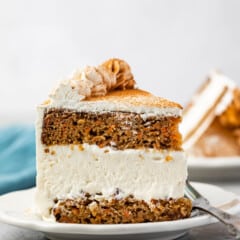 carrot cake covered in white frosting and cinnamon.