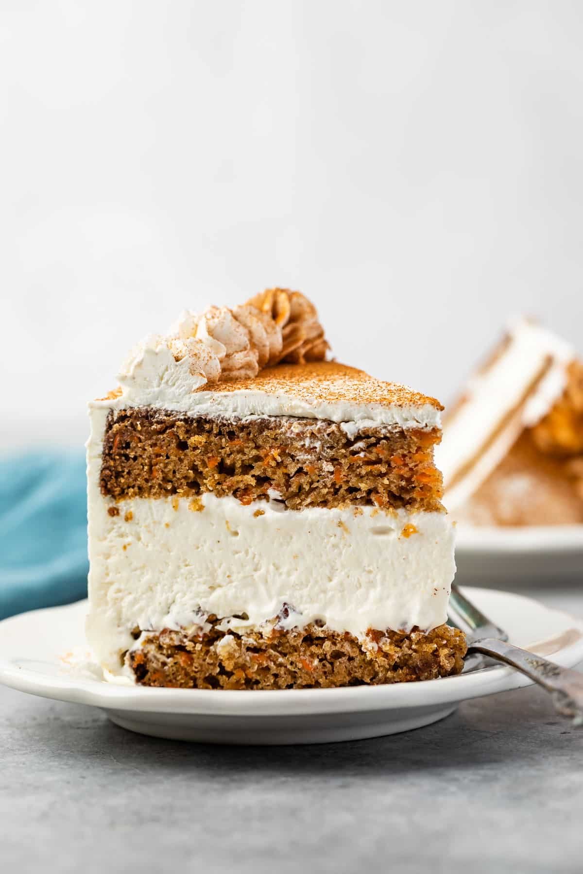 carrot cake covered in white frosting and cinnamon.