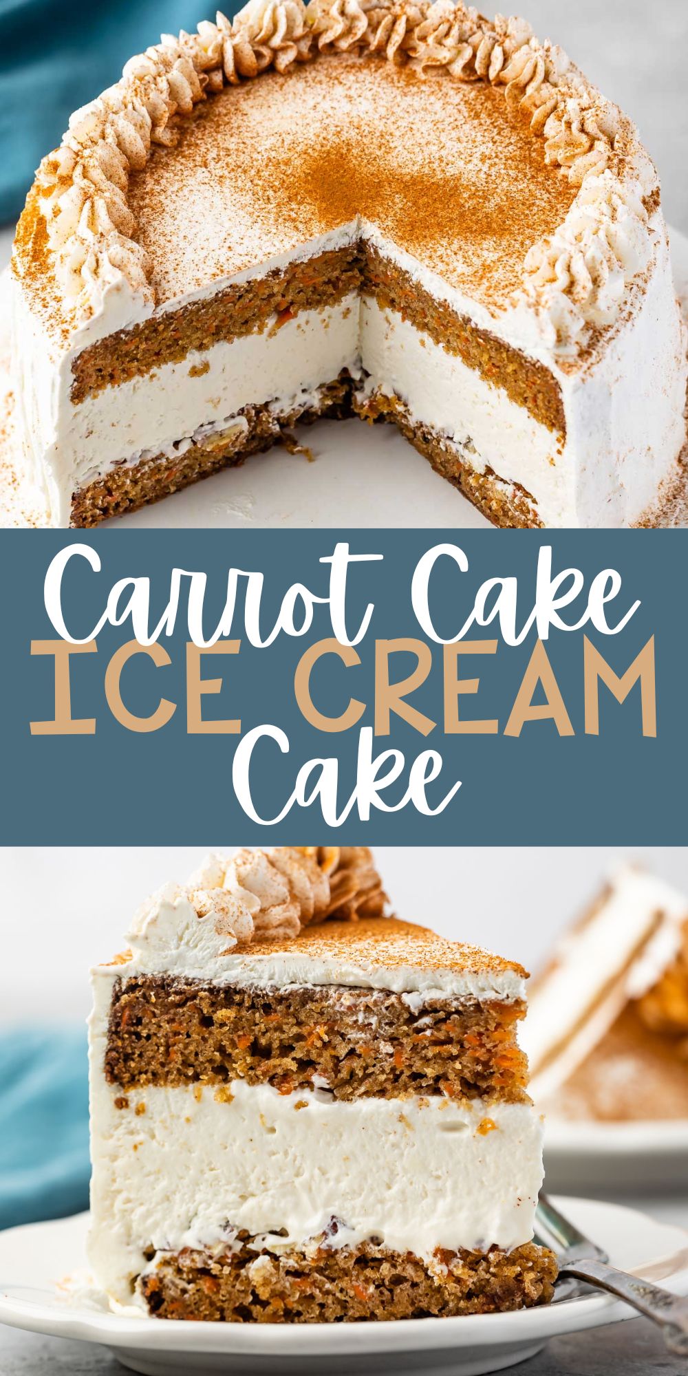 two photos of carrot cake covered in white frosting and cinnamon with words on the photo.