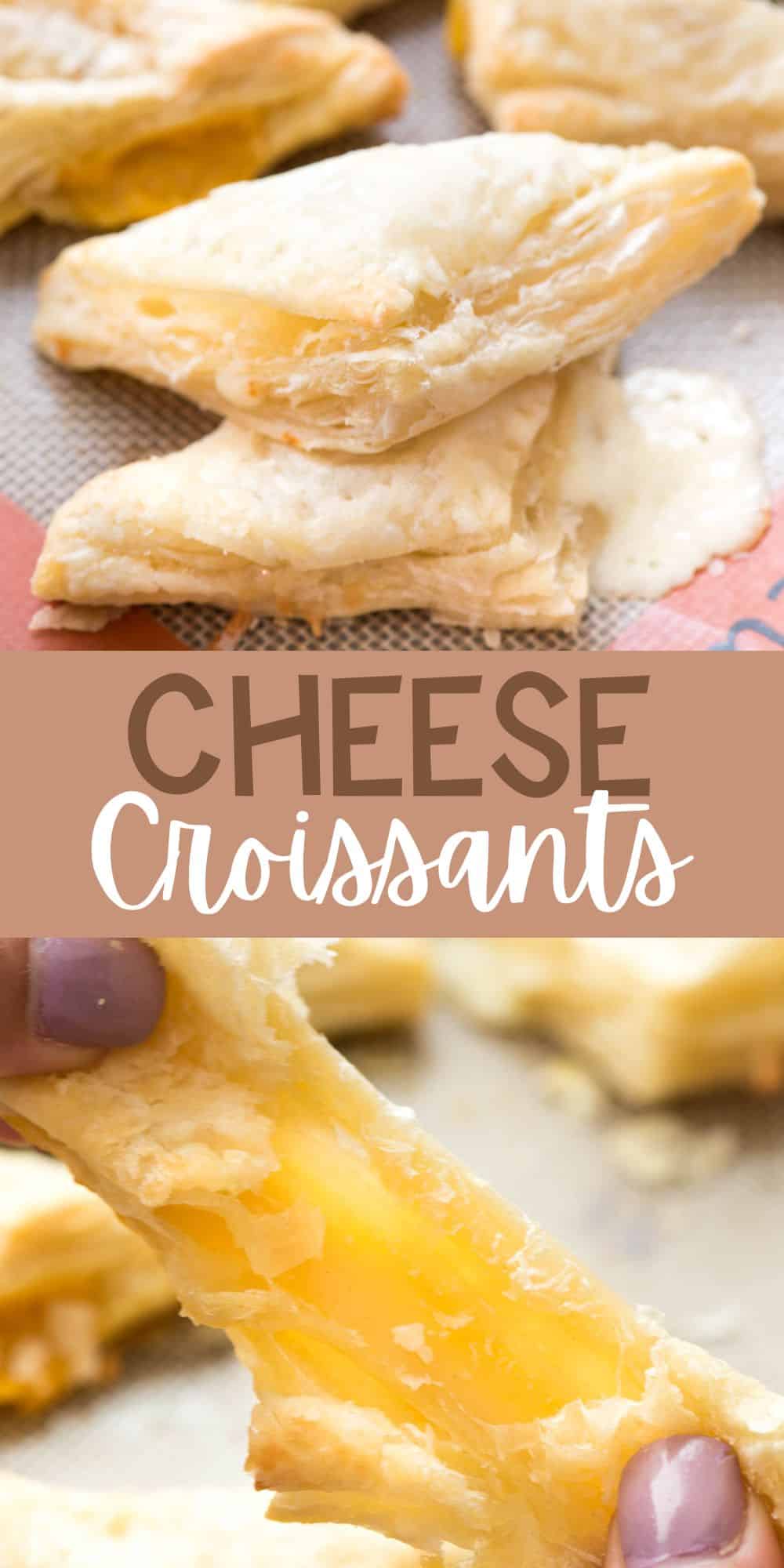 two photos of two cheese croissants stacked on a mat with words on the image.